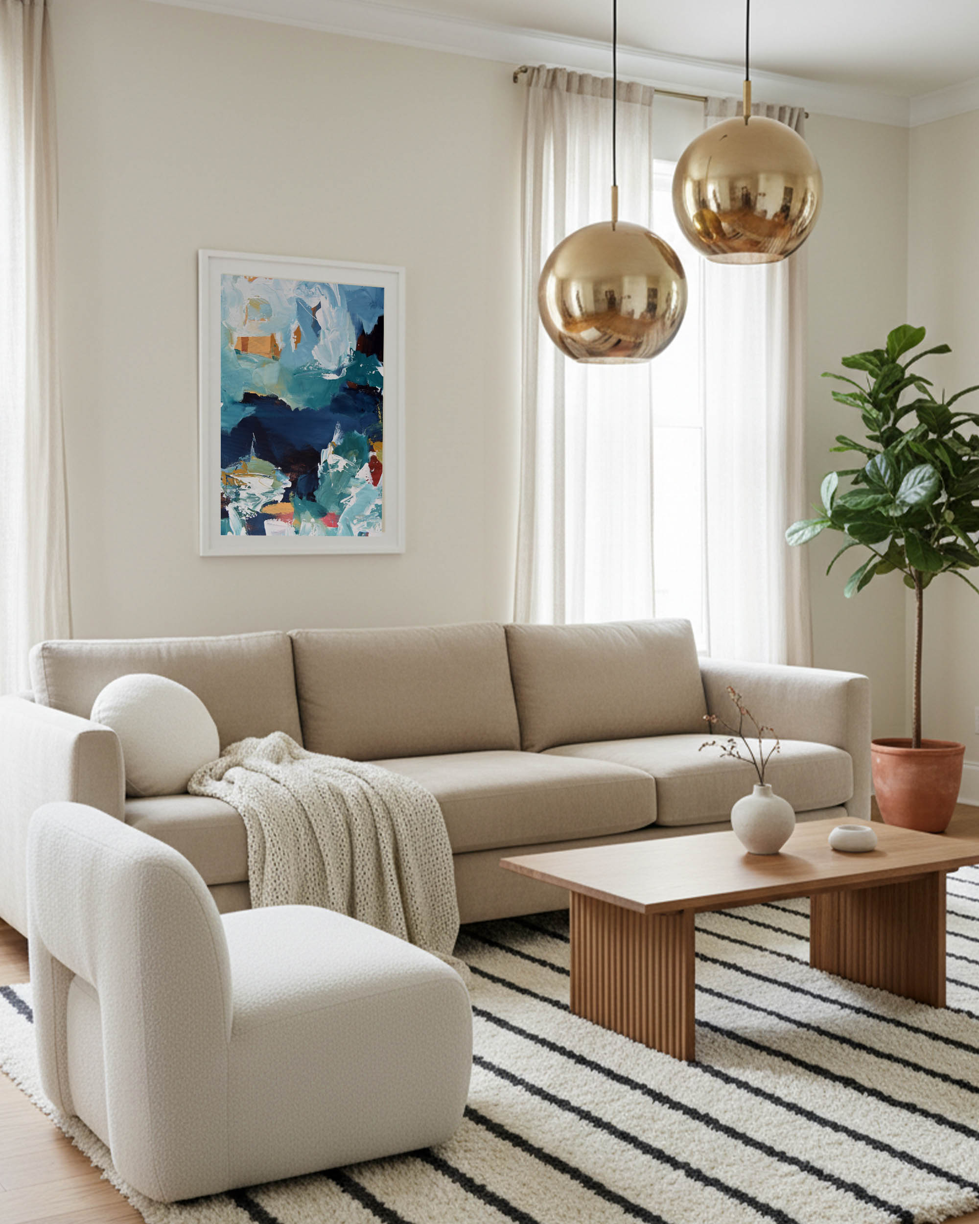 Modern living room with beige sofa, armchair, coffee table, and decorative elements.