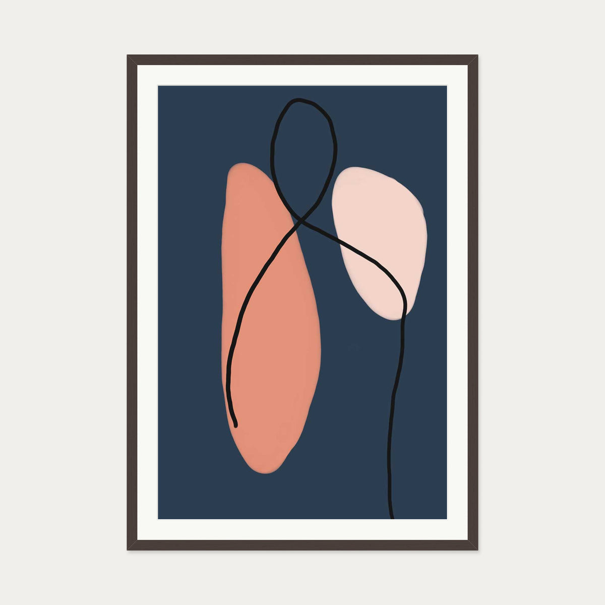 Modern Navy & Blush Art Print — 70 x 100 cm — Brown Frame