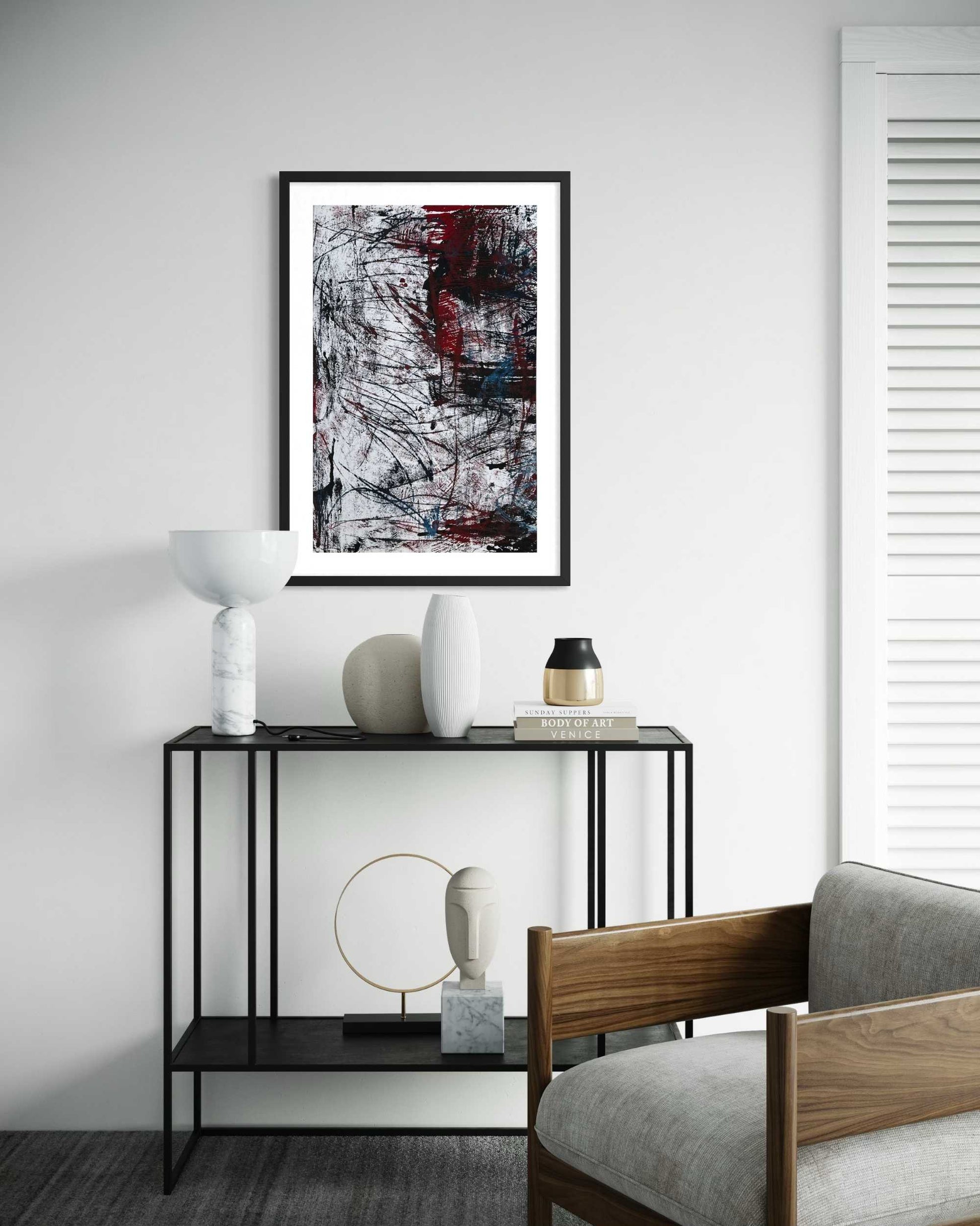 large framed red abstract painting, original handpainted wall art in stylish contemporary living room