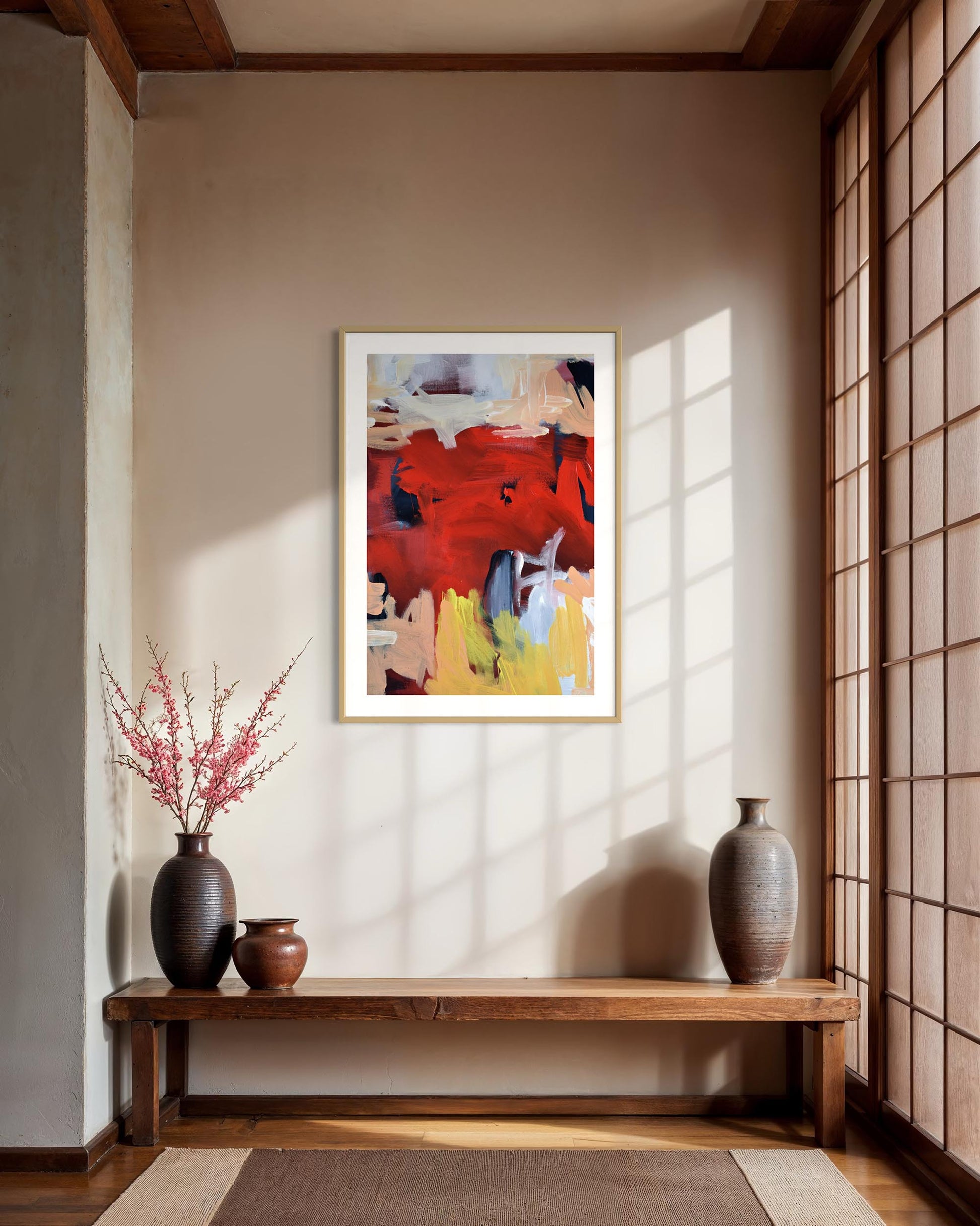 large red abstract framed art print in modern interiors