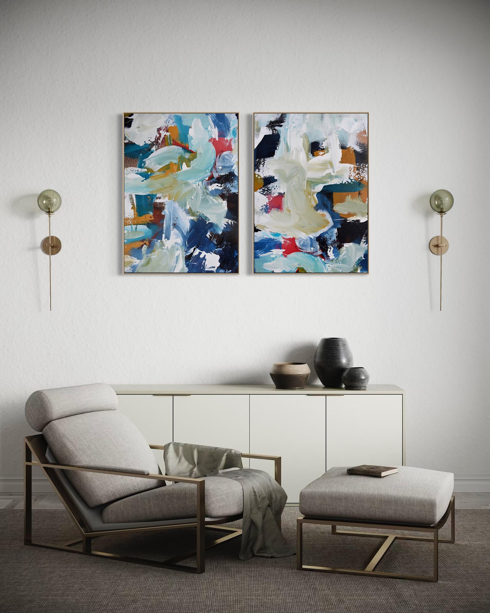 Modern living room with abstract art, chair, and ottoman.