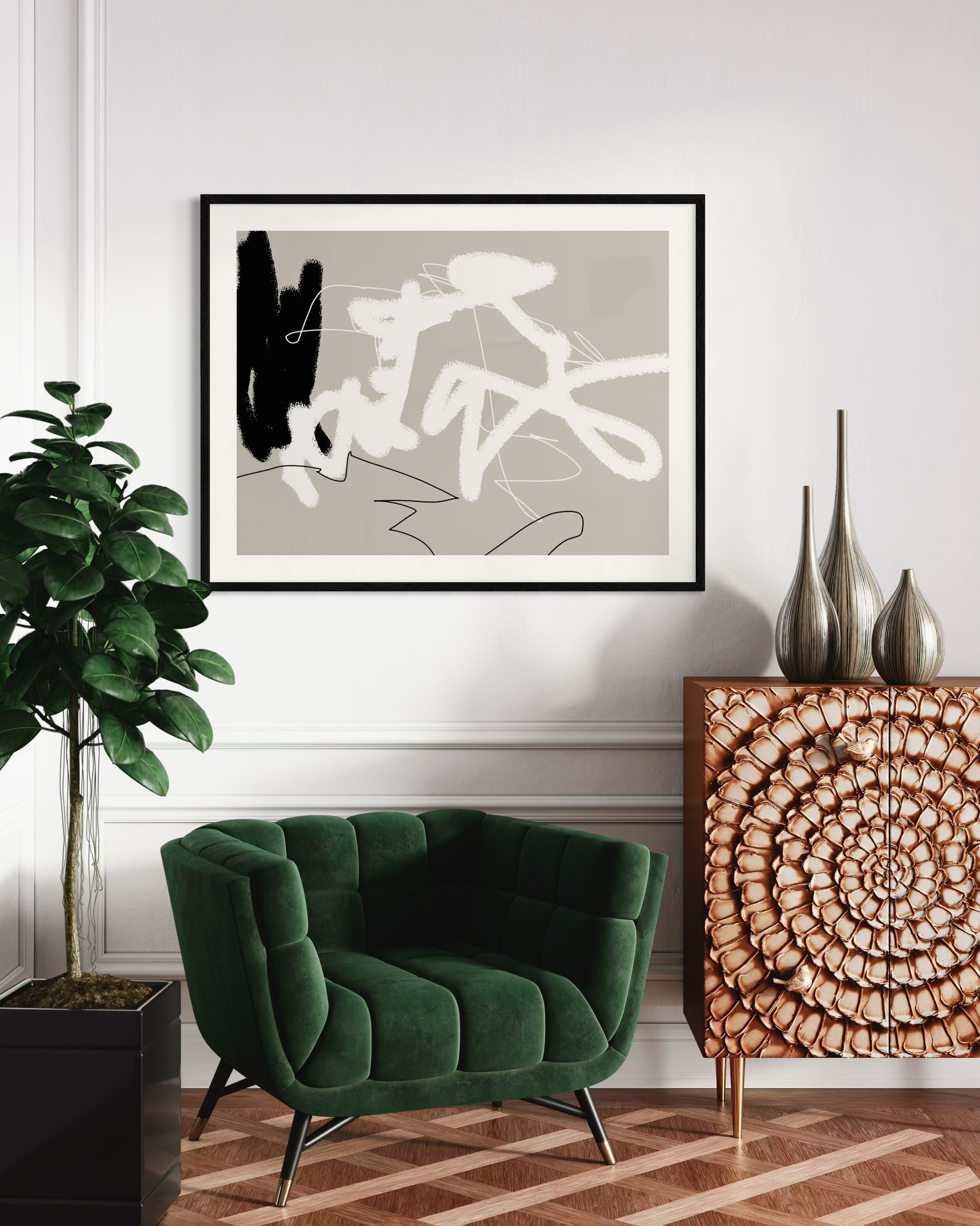 framed large abstract artwork in a modern living room