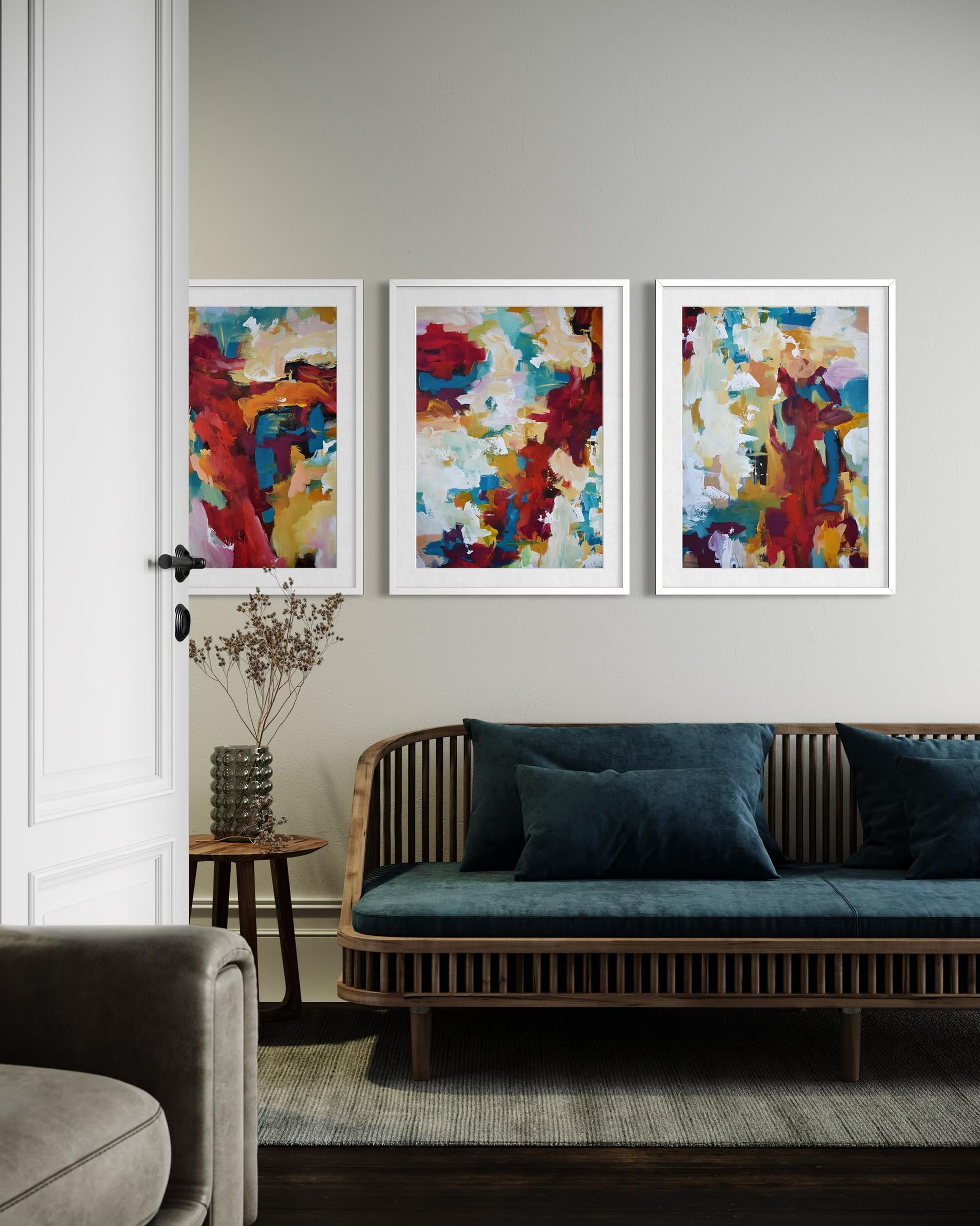 Living room with a wooden sofa and abstract art on the wall