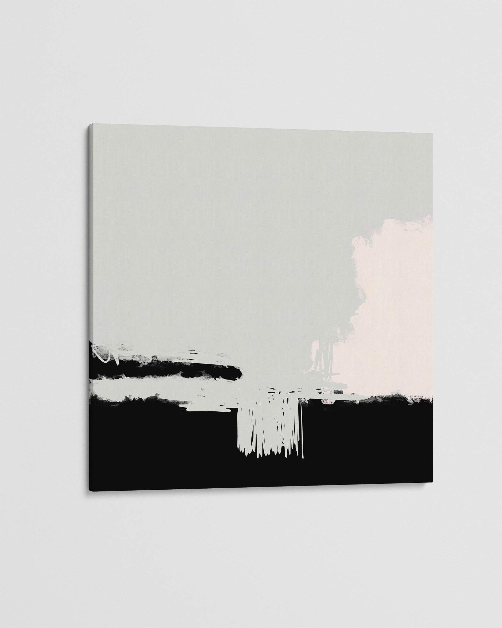 Abstract painting with black, white, and gray brush strokes on a light gray background