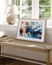 abstract picture framed in an oak frame on the side bench in a modern living room