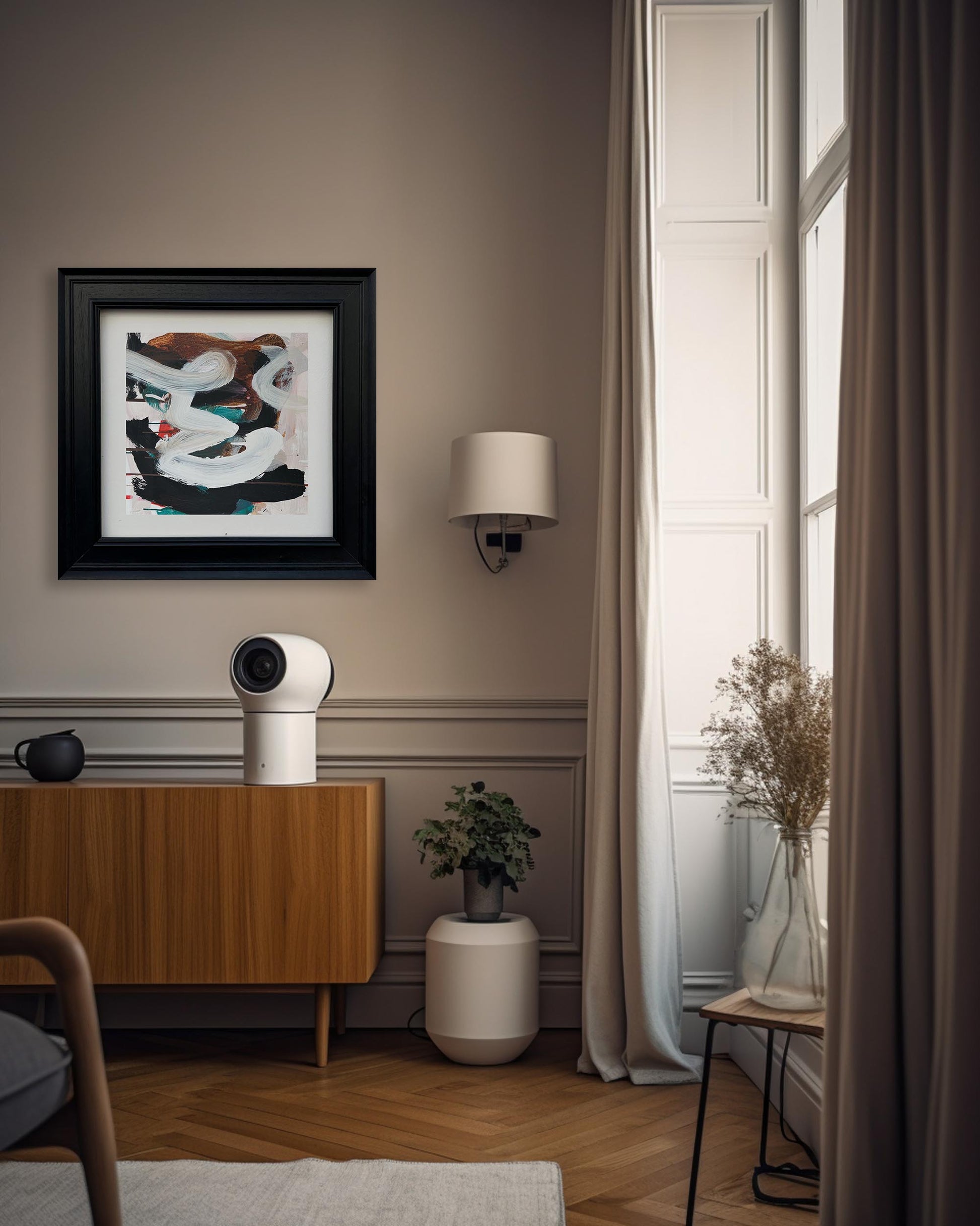 Framed original abstract painting in modern living room