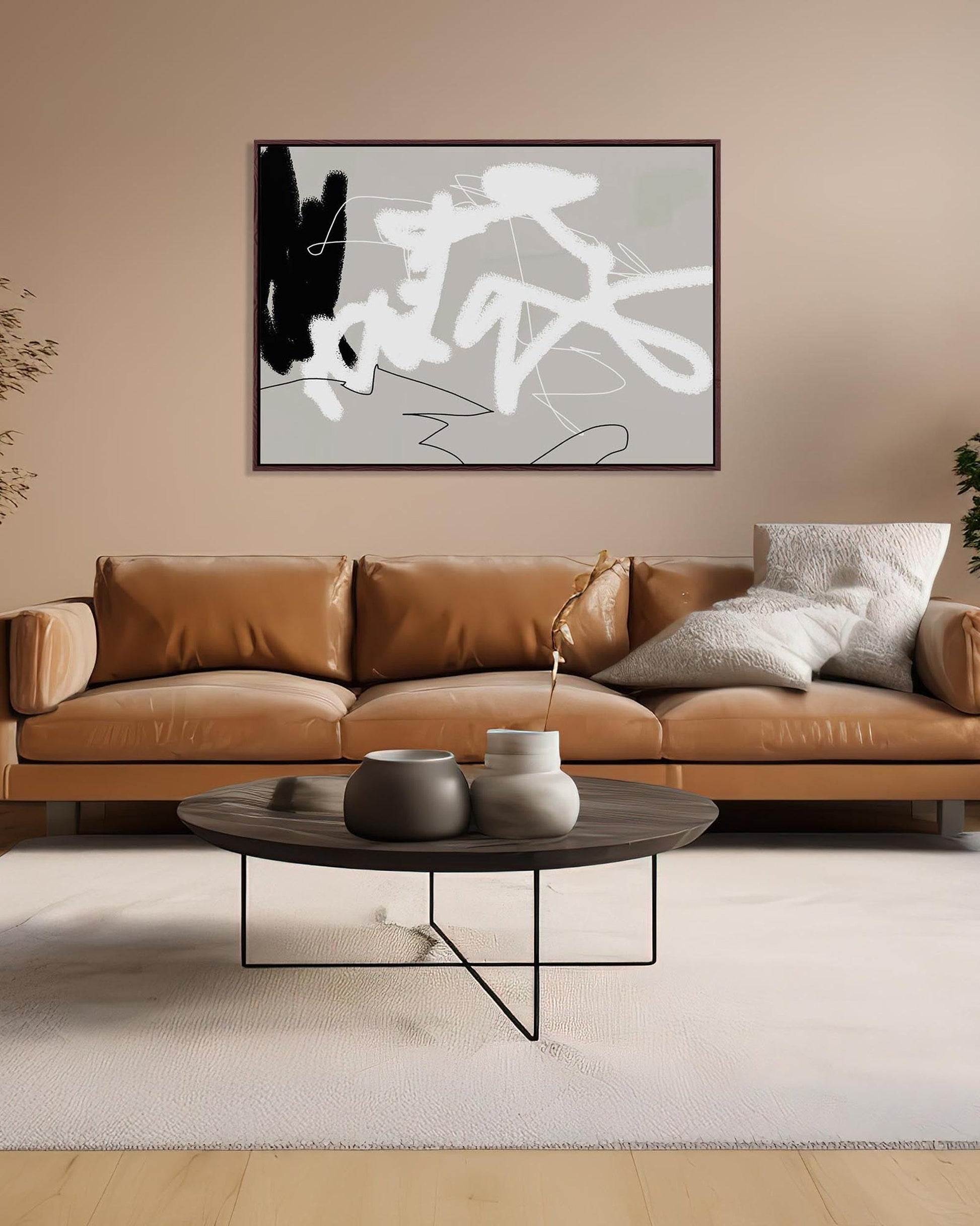 grey black and white lines abstract contemporary canvas art in living room