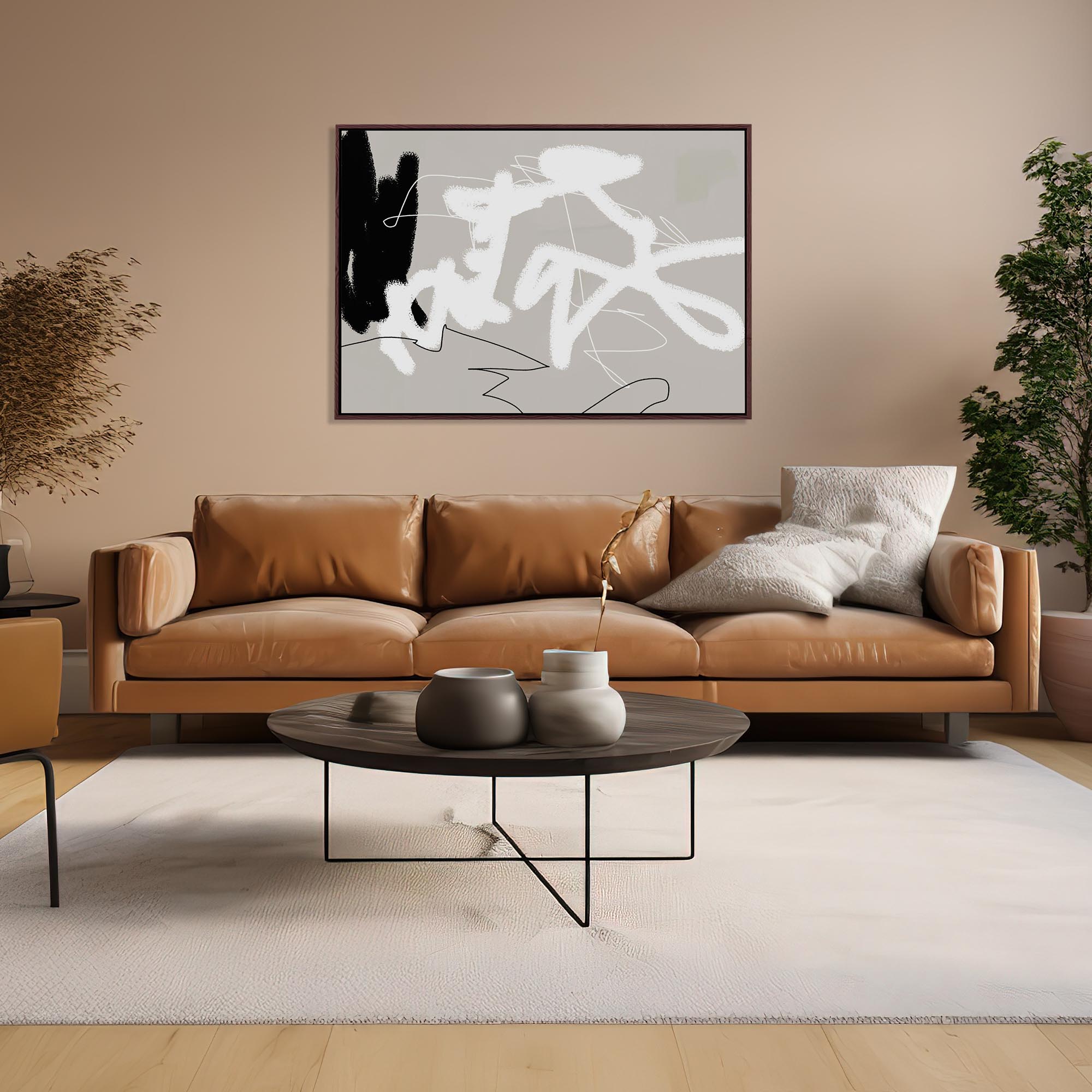 grey black and white lines abstract contemporary canvas art in living room