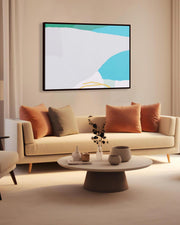 Modern living room with a beige sofa, abstract art, and decorative items.
