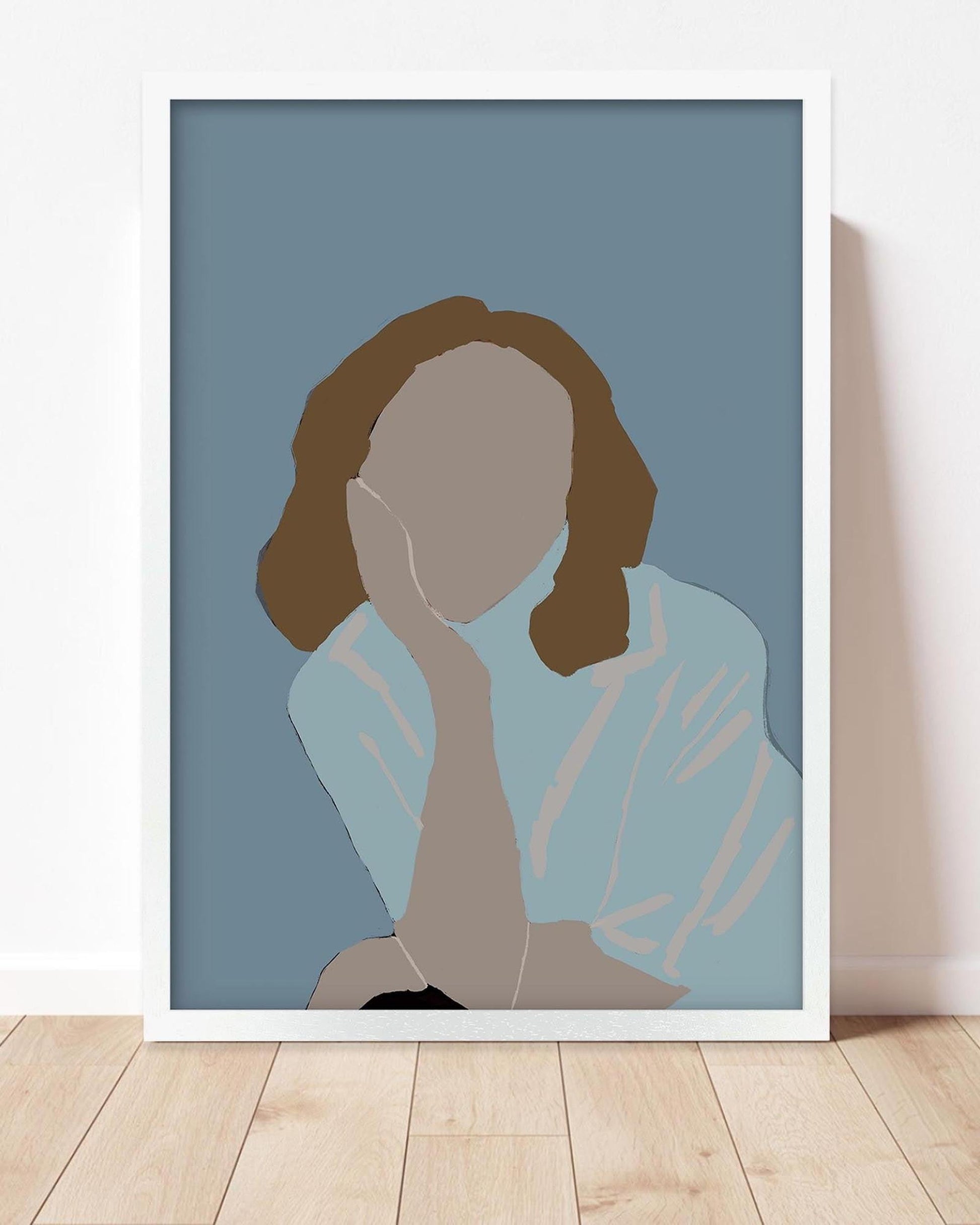 Framed minimalist portrait of a person with a blurred face on a blue background