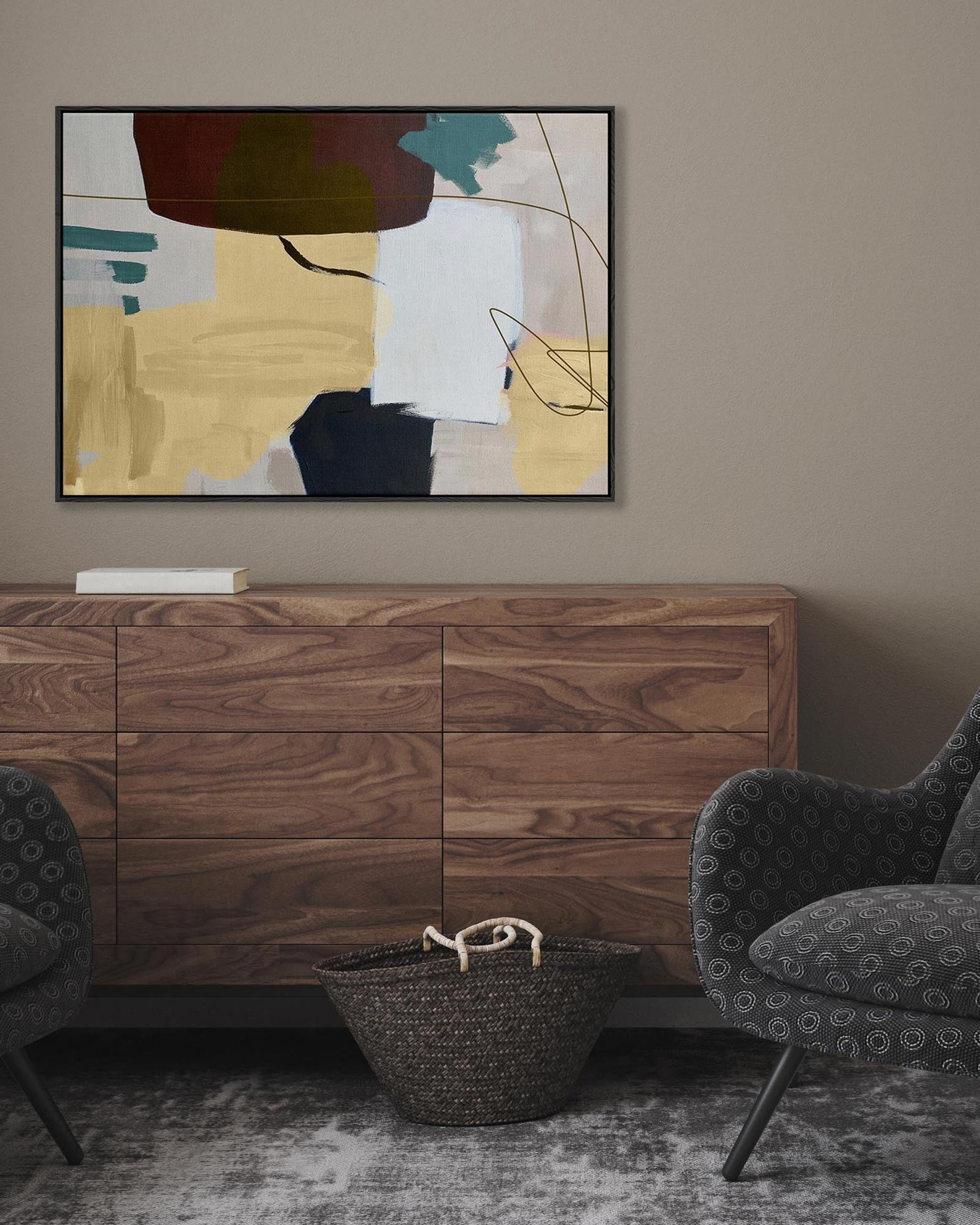 modern large canvas wall art in living room in brown tones