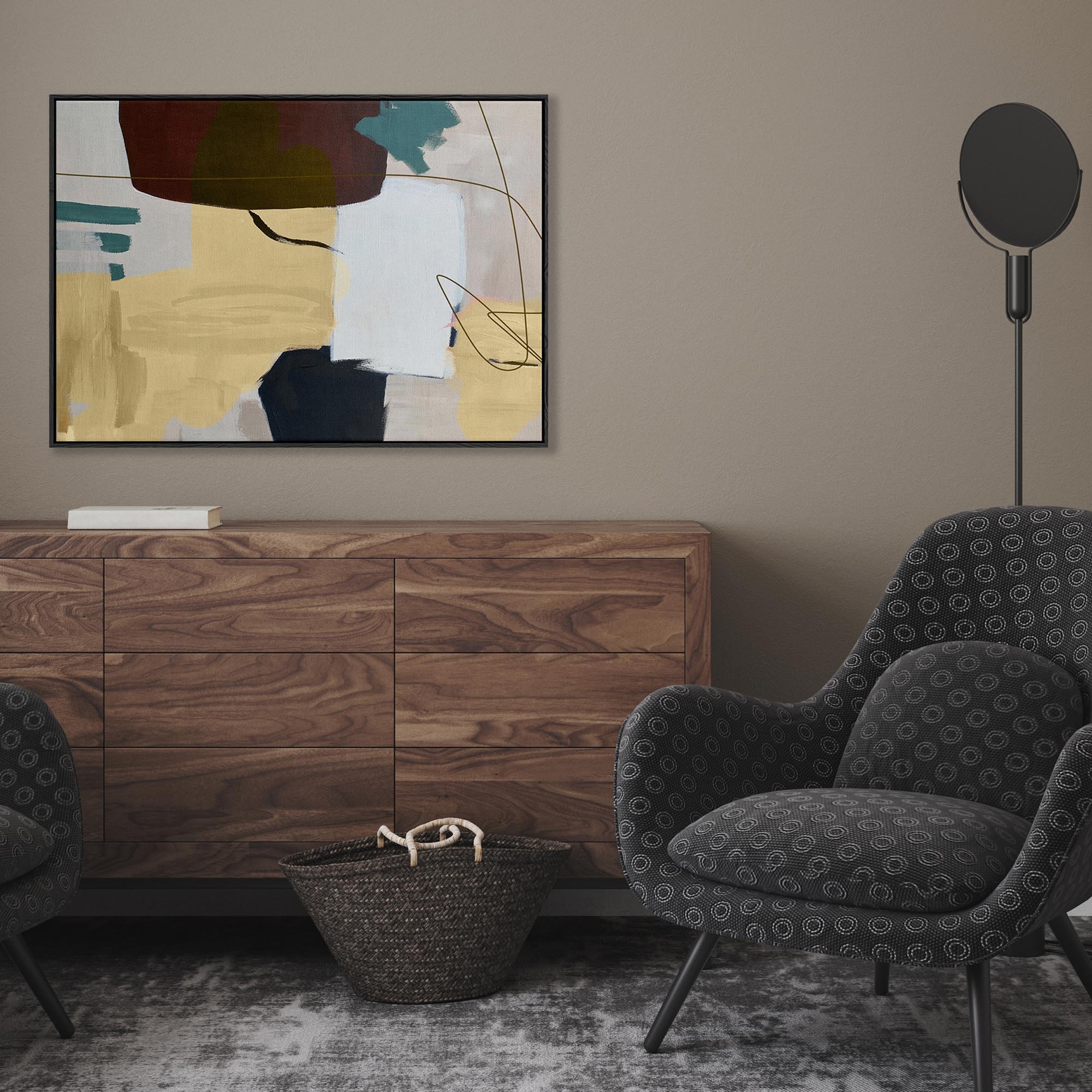 modern large canvas wall art in living room in brown tones