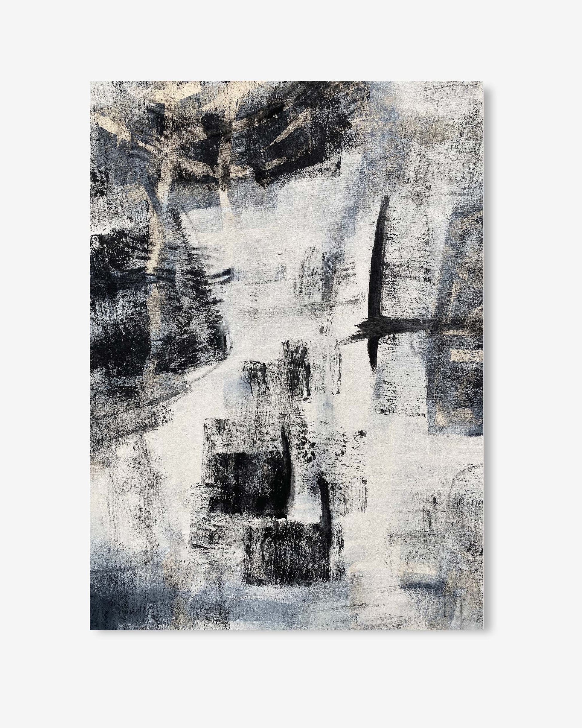 Abstract art print with black and white brush strokes on a light gray background