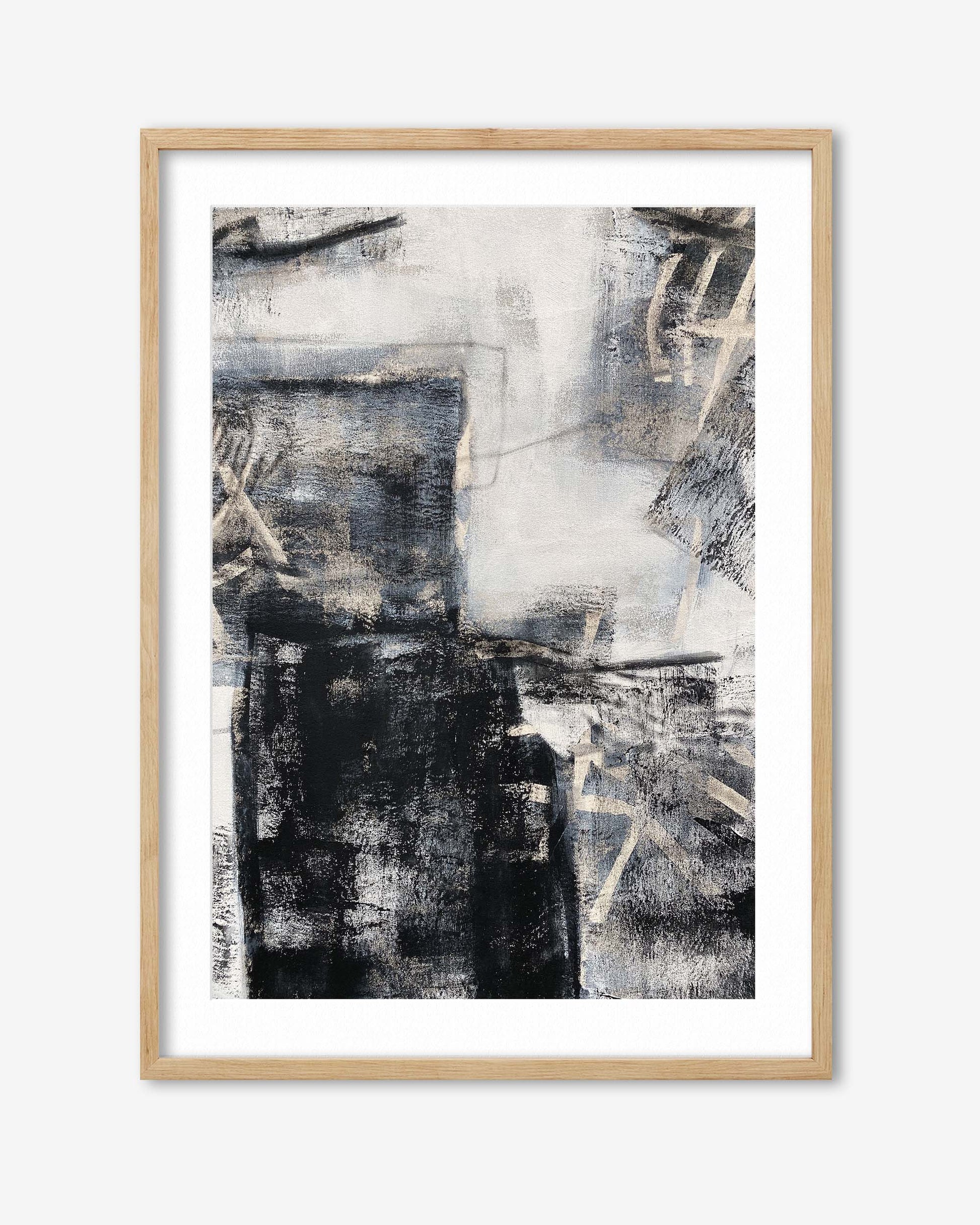 Abstract art print in a wooden frame on a white background
