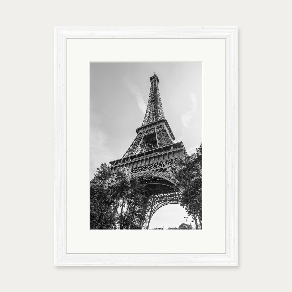 Monochrome Eiffel Tower Wall Art Print — 30 x 40 cm — White Frame