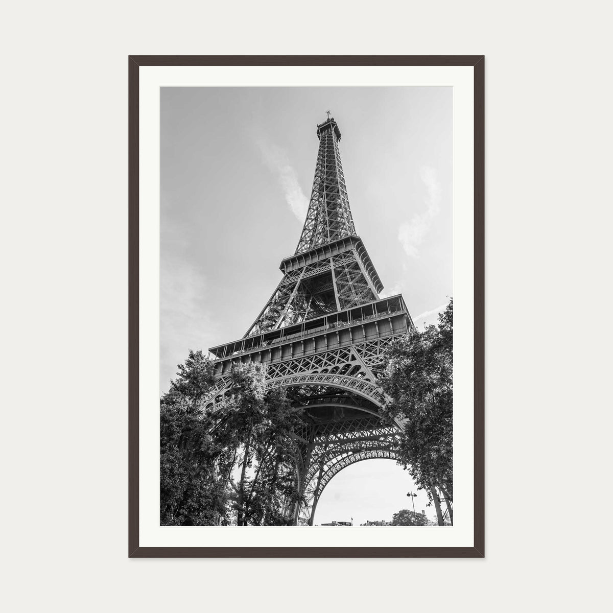 Monochrome Eiffel Tower Wall Art Print — 70 x 100 cm — Brown Frame