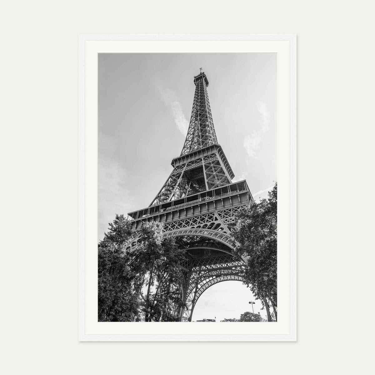 Monochrome Eiffel Tower Wall Art Print — 70 x 100 cm — White Frame