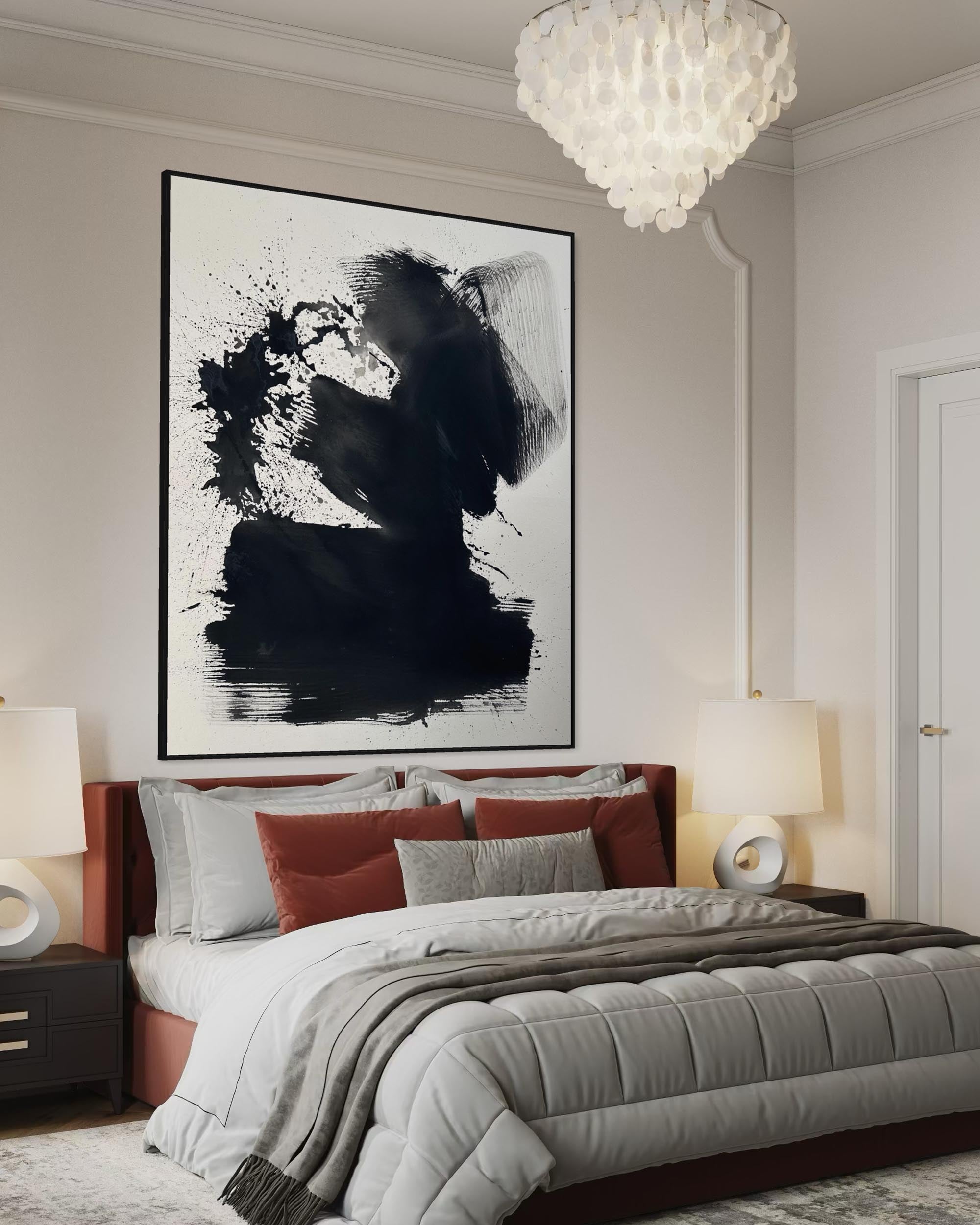 Modern bedroom with abstract art, bed, and chandelier