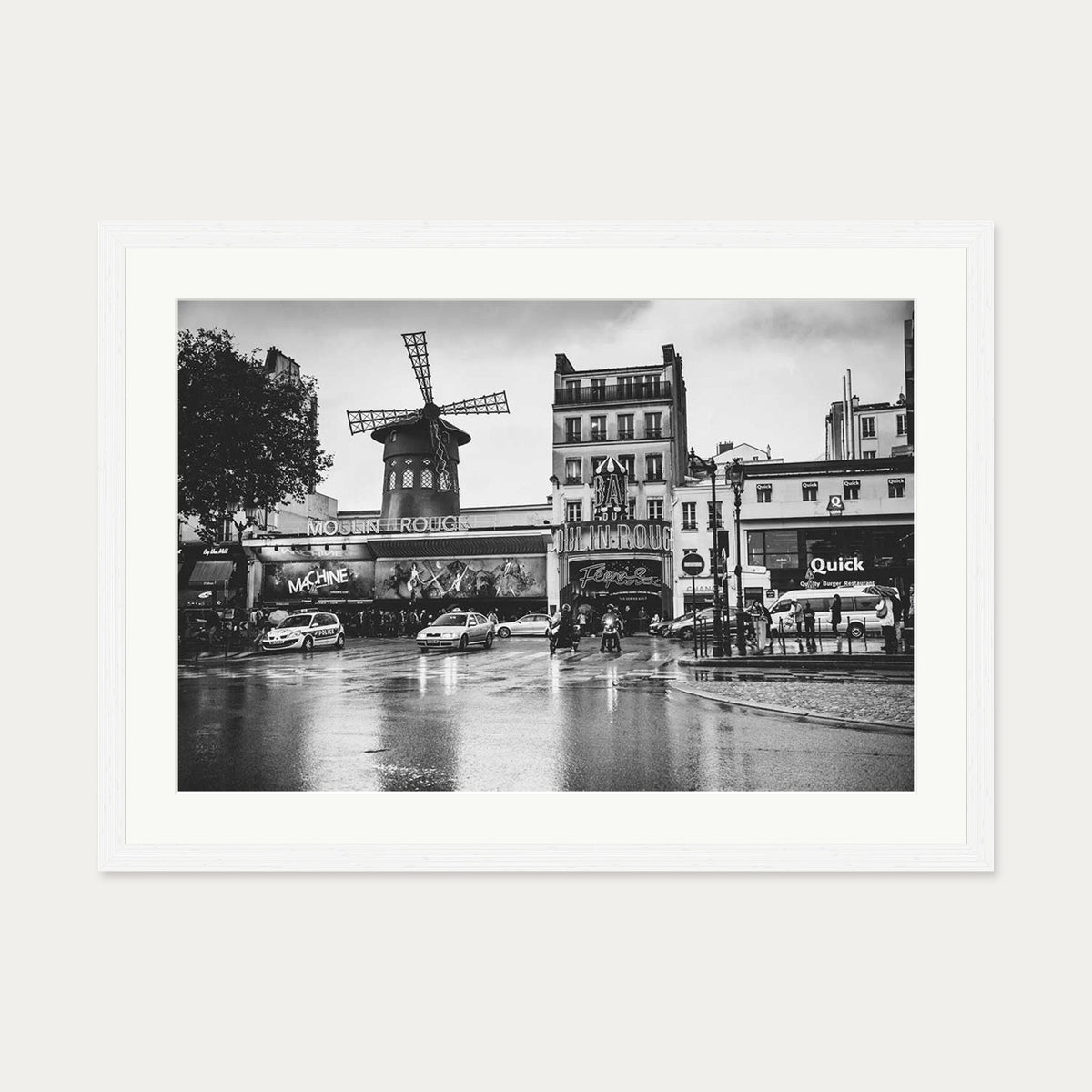 Monochrome Moulin Rouge Art Print — 50 x 70 cm — White Frame