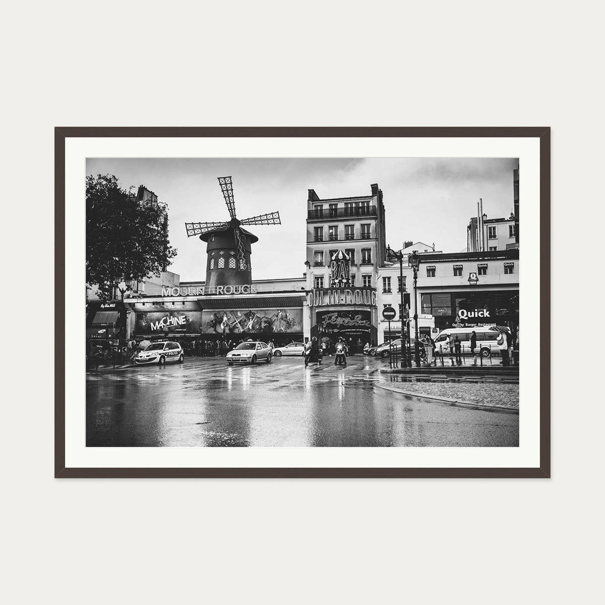 Monochrome Moulin Rouge Art Print — 70 x 100 cm — Brown Frame