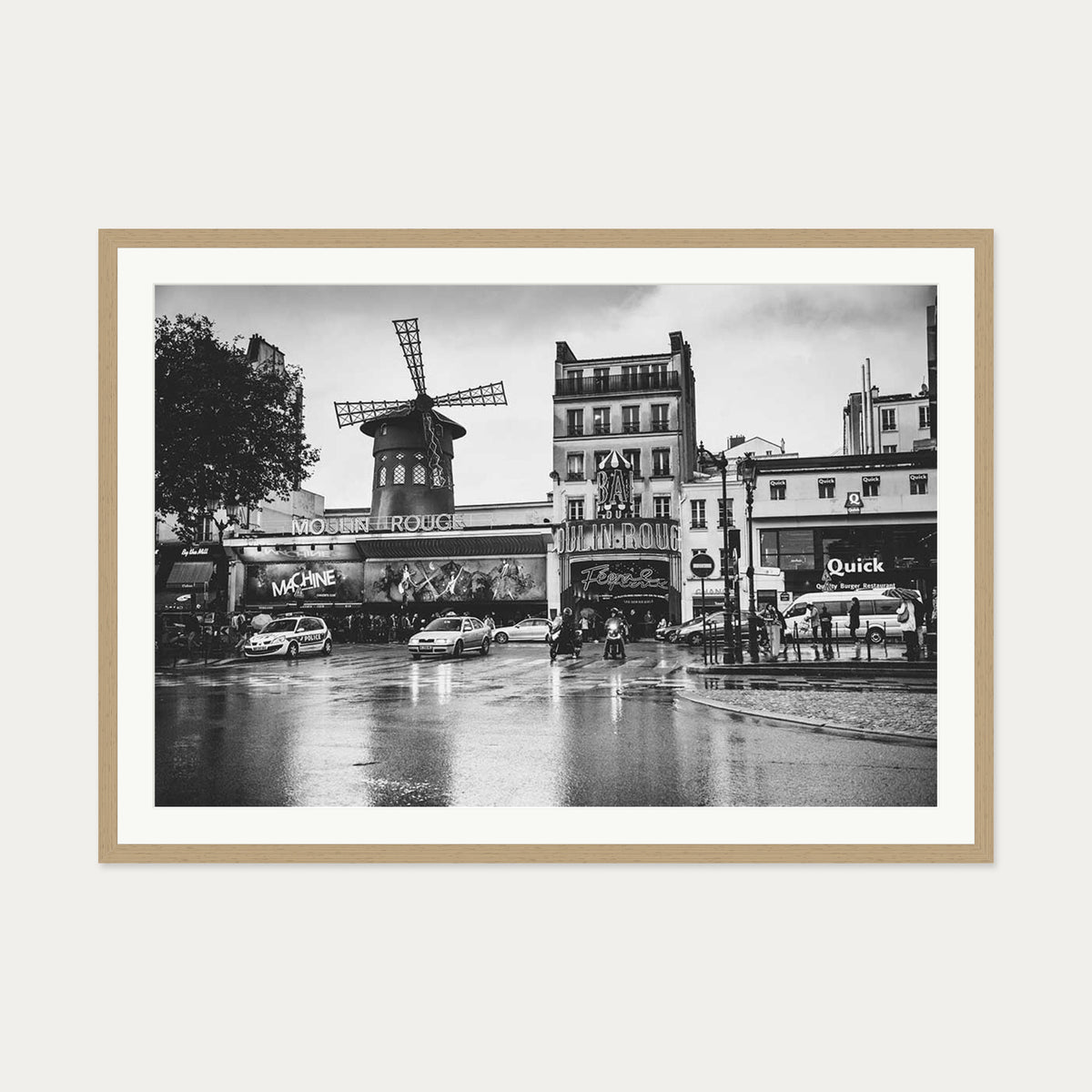 Monochrome Moulin Rouge Art Print — 70 x 100 cm — Oak Frame