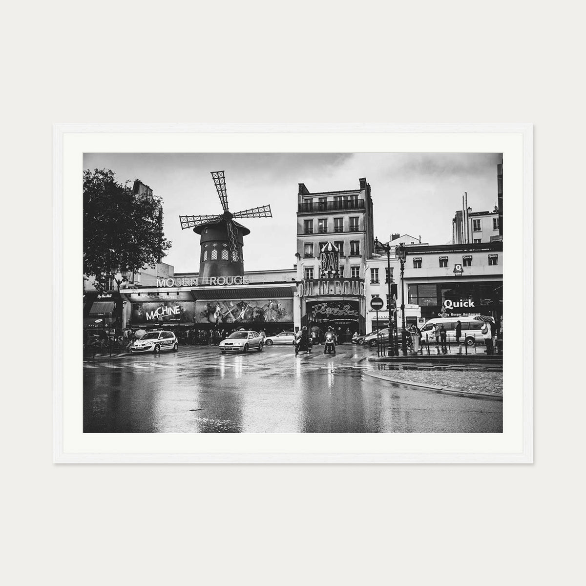 Monochrome Moulin Rouge Art Print — 70 x 100 cm — White Frame