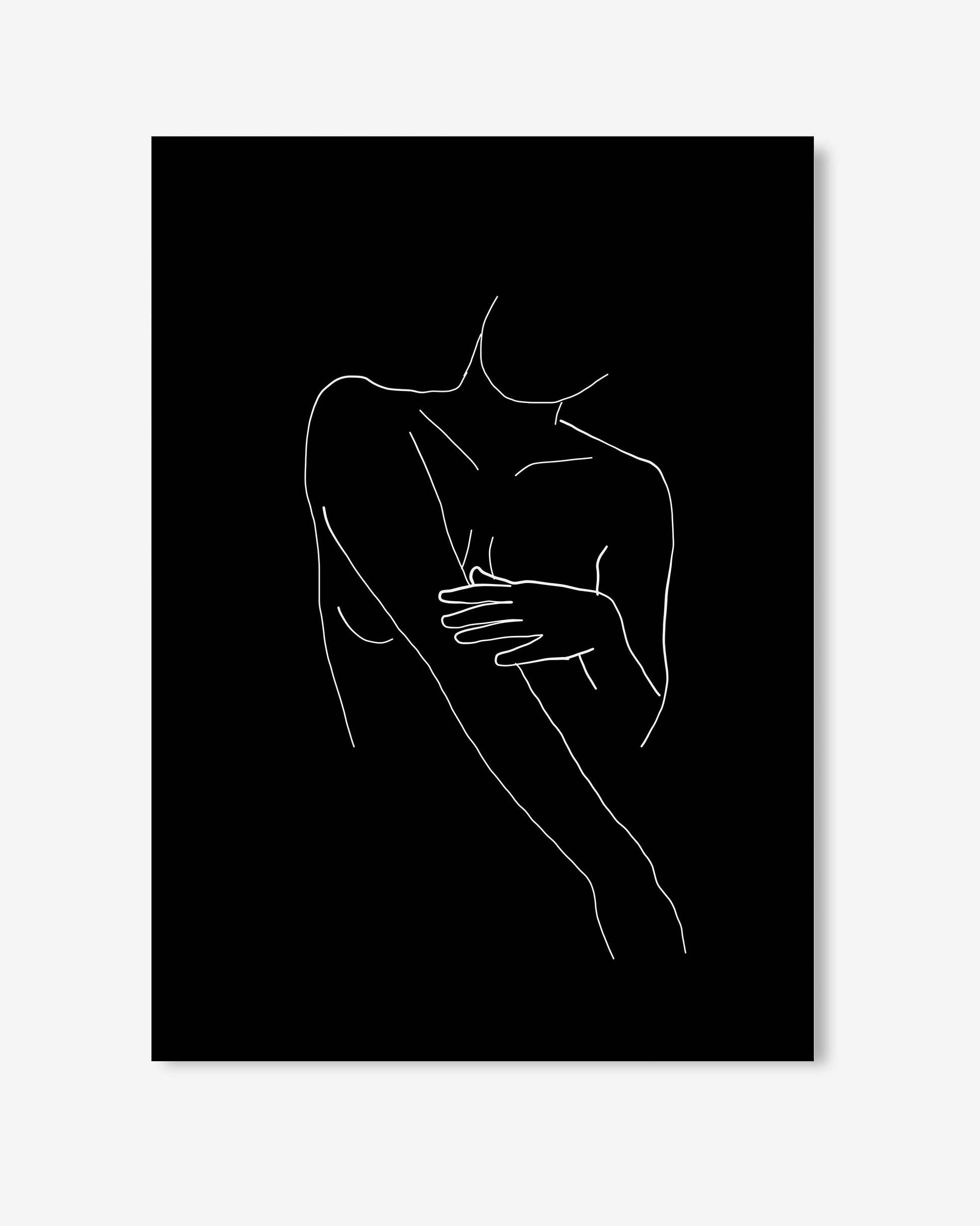 Minimalist line art of a person holding their arm against a black background