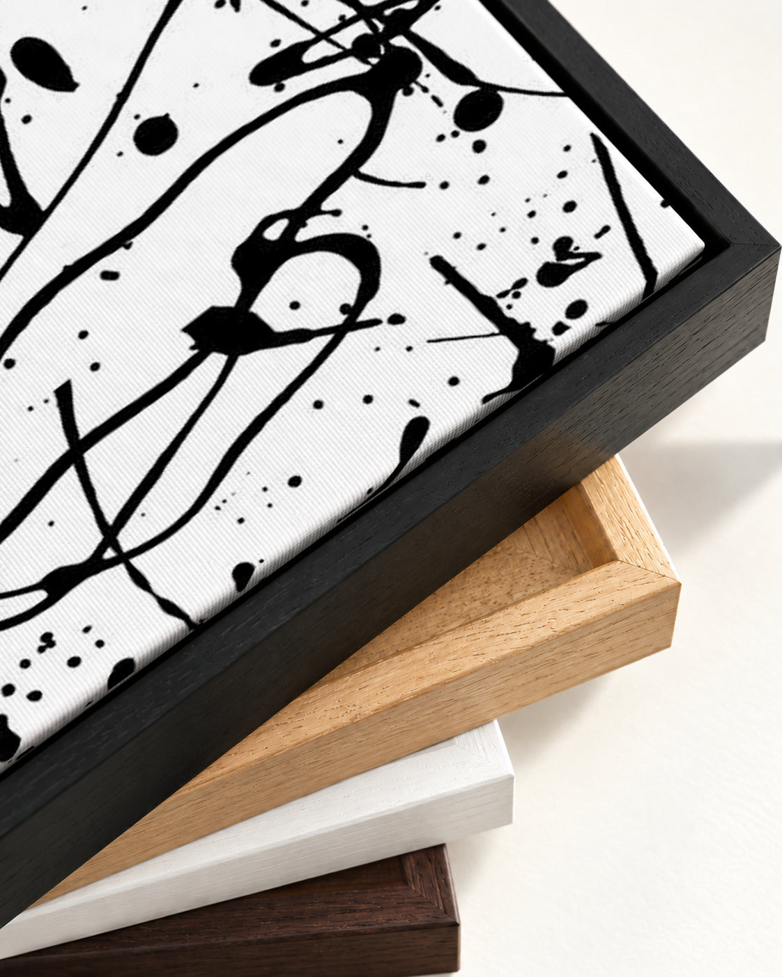 Monochrome Splatter II Canvas Art — framed canvas corner and wrapped canvas detail