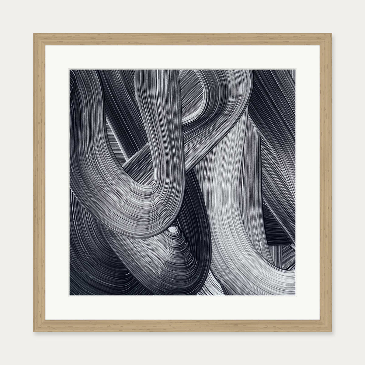 Monochrome Swirl Art Print — 50 x 50 cm — Oak Frame