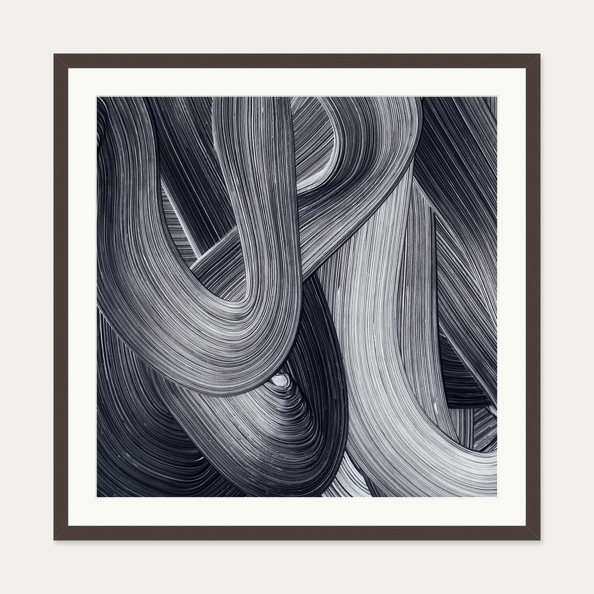 Monochrome Swirl Art Print — 70 x 70 cm — Brown Frame