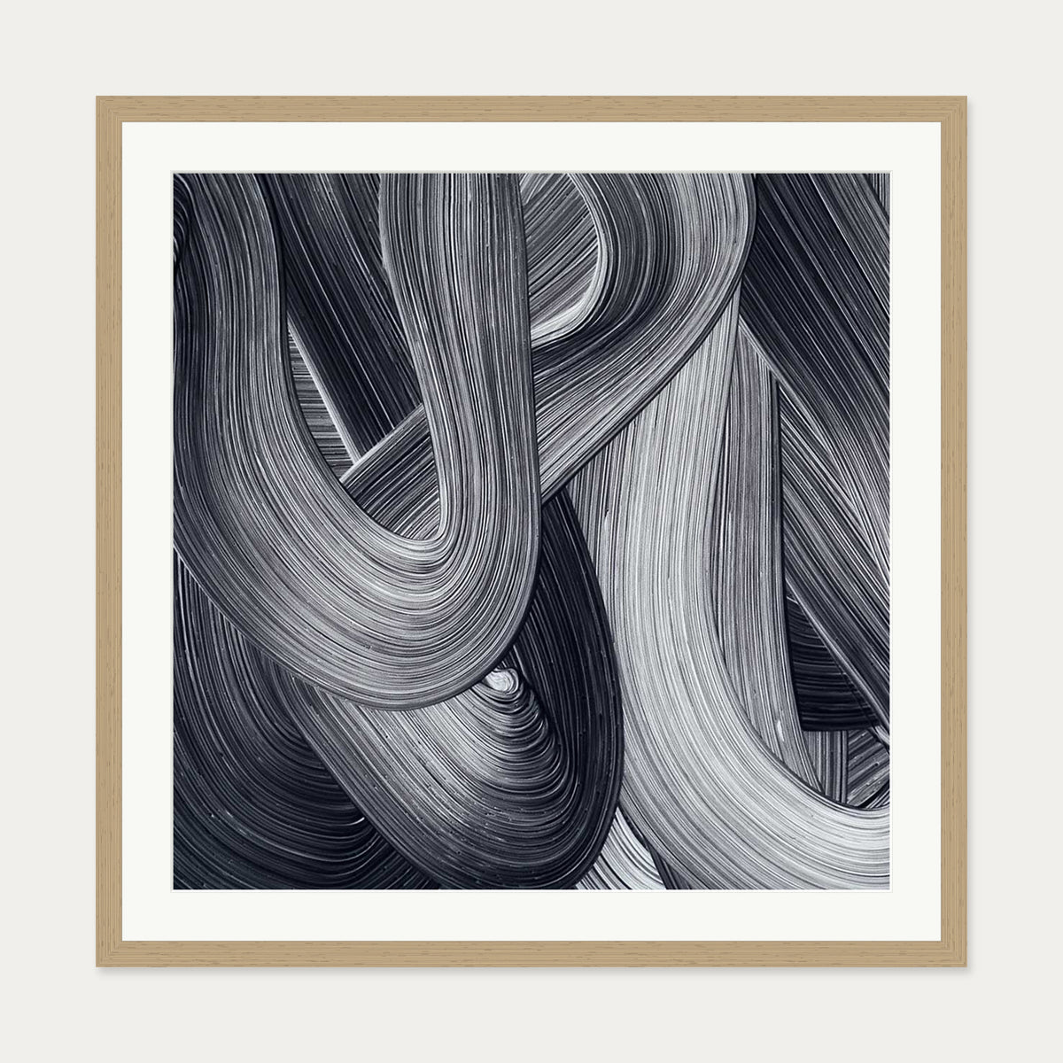 Monochrome Swirl Art Print — 70 x 70 cm — Oak Frame