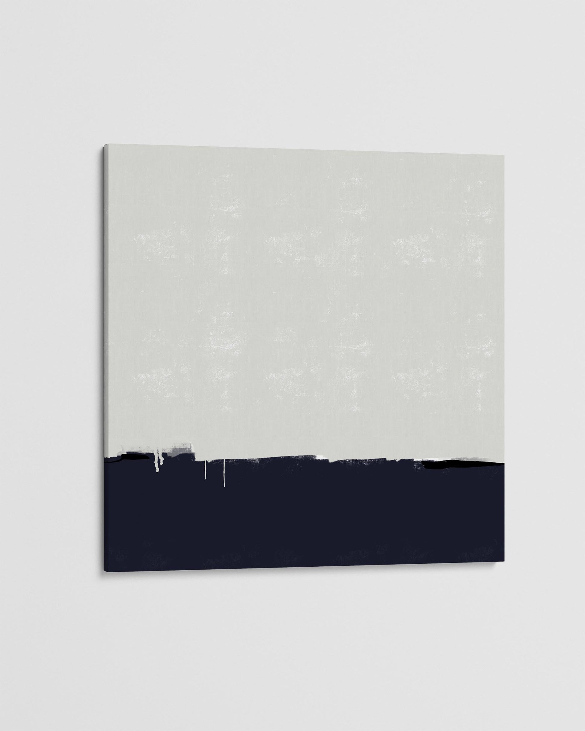 Abstract art piece with a dark blue stripe on a light gray background