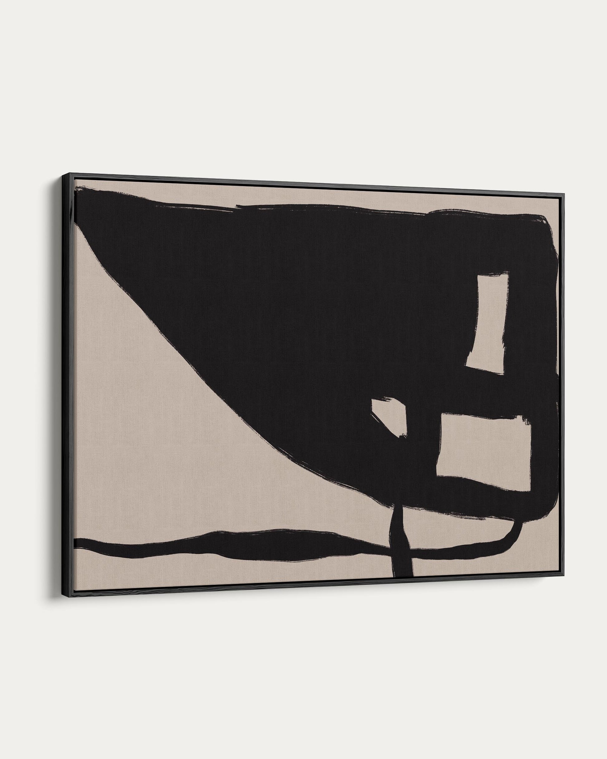Abstract art piece with black shapes on a beige background