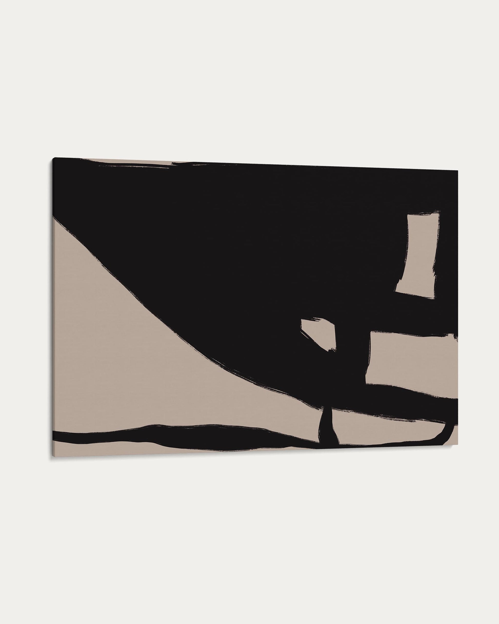 Abstract art piece with black and beige shapes on a white background