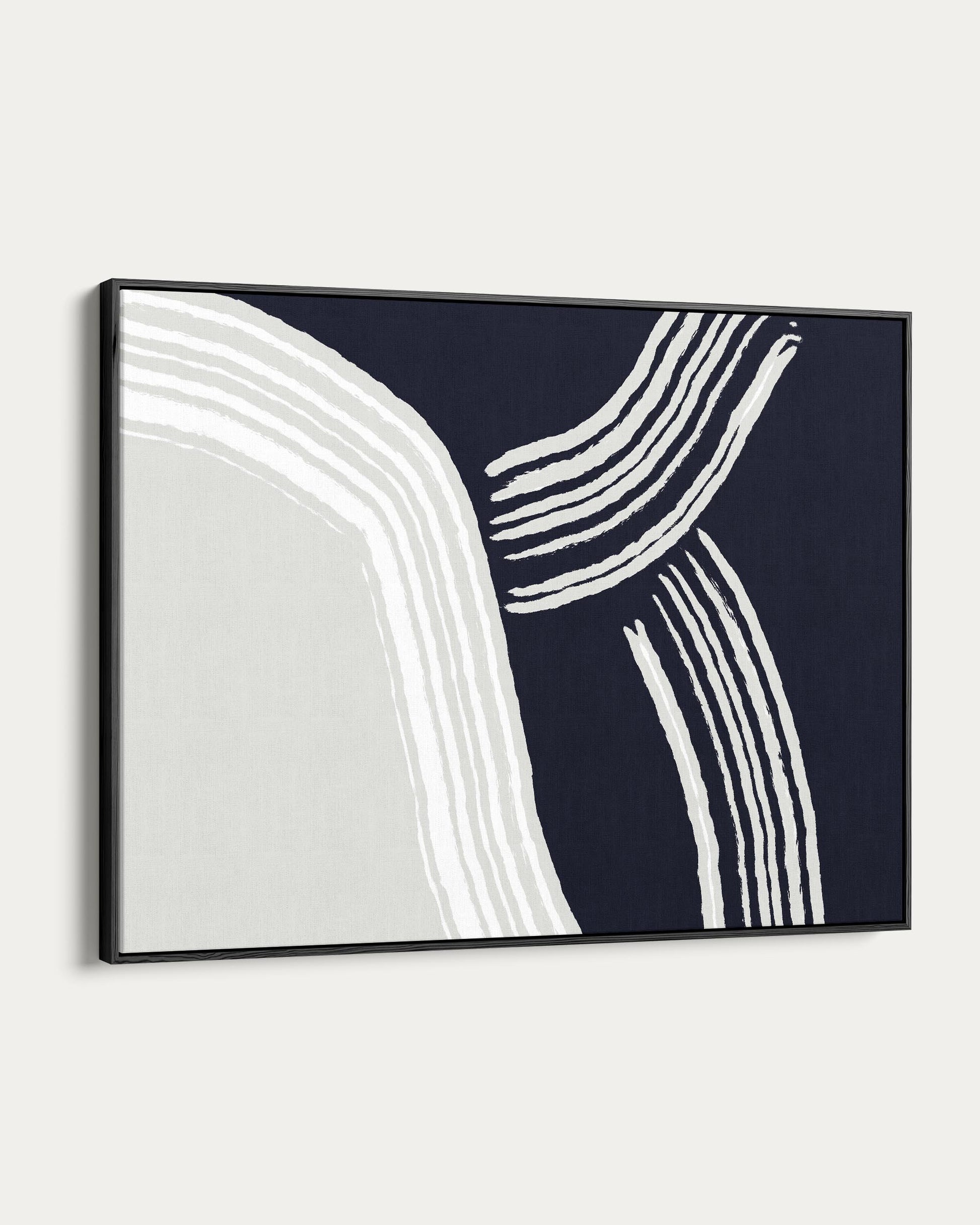 Abstract art print with white lines on a dark blue background, framed.