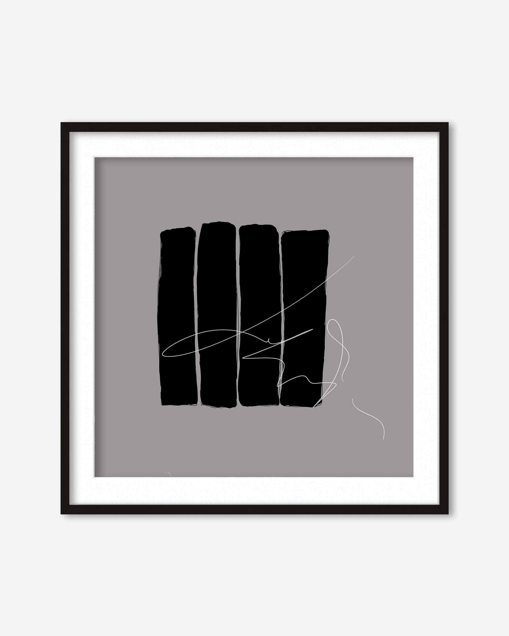 Framed abstract art with black lines on a gray background