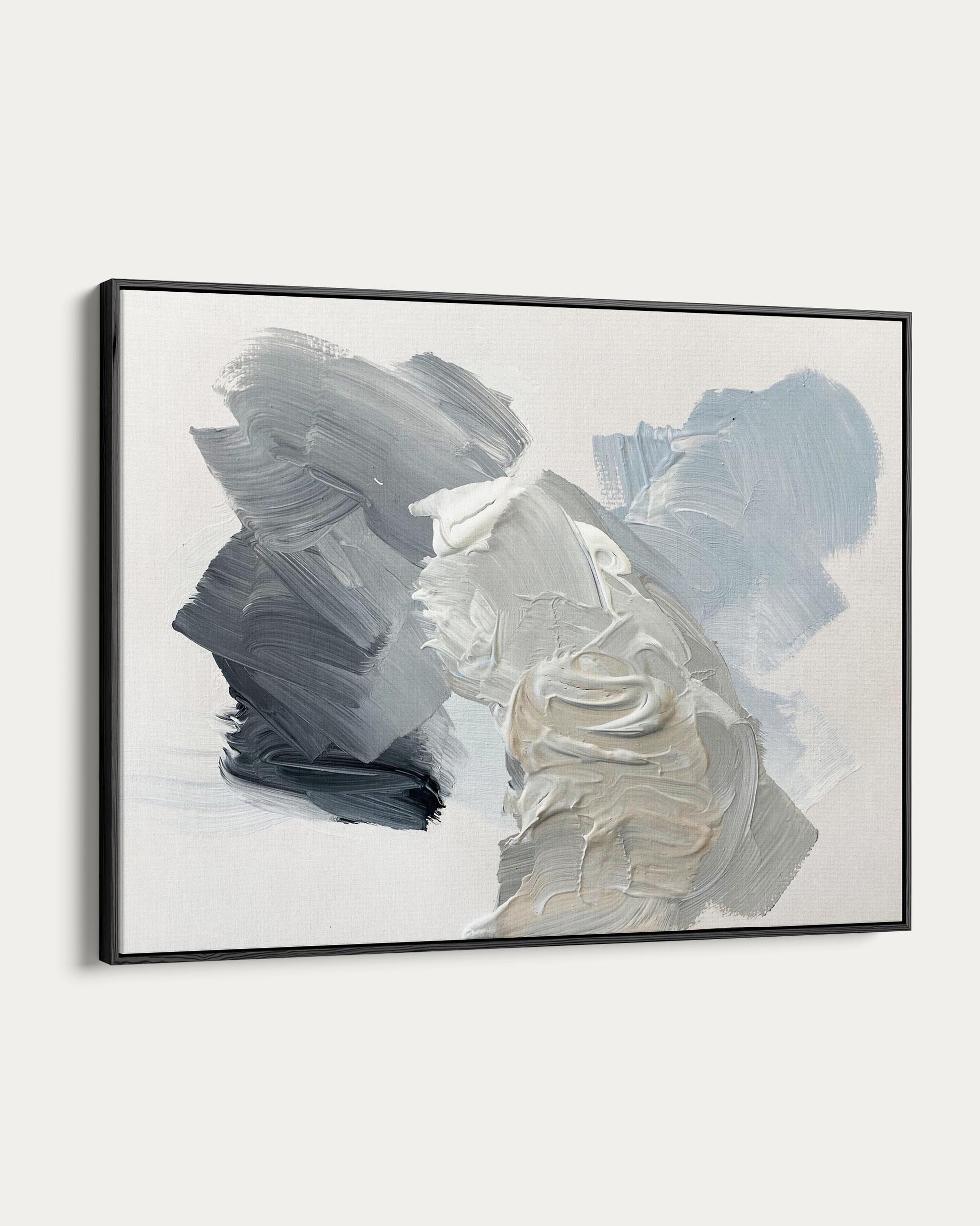 Abstract art piece with brush strokes in black, white, and gray on a white background