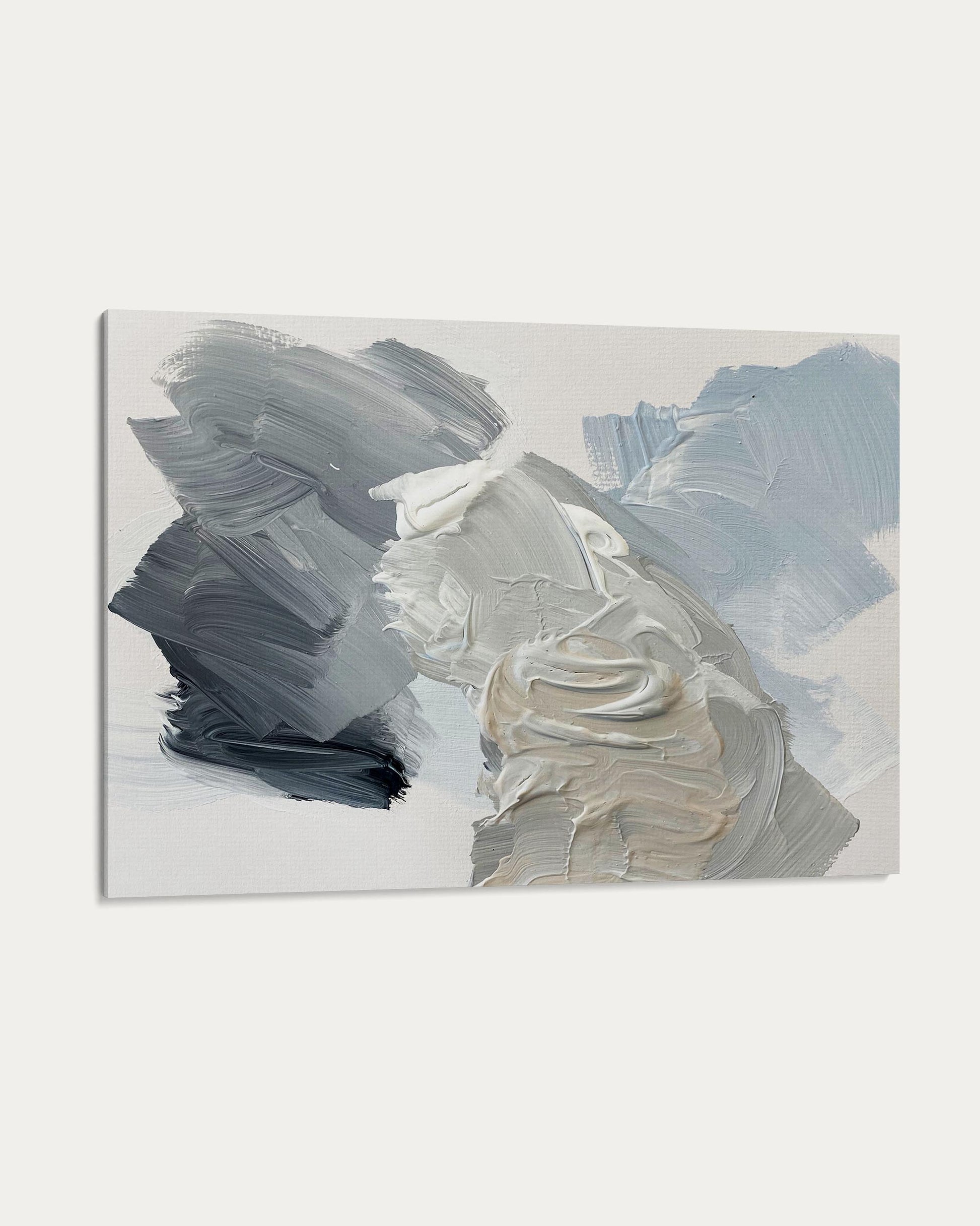 Abstract art piece with brush strokes in gray, blue, and white on a light gray background