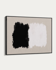 Abstract art print with black and white brush strokes on a beige background