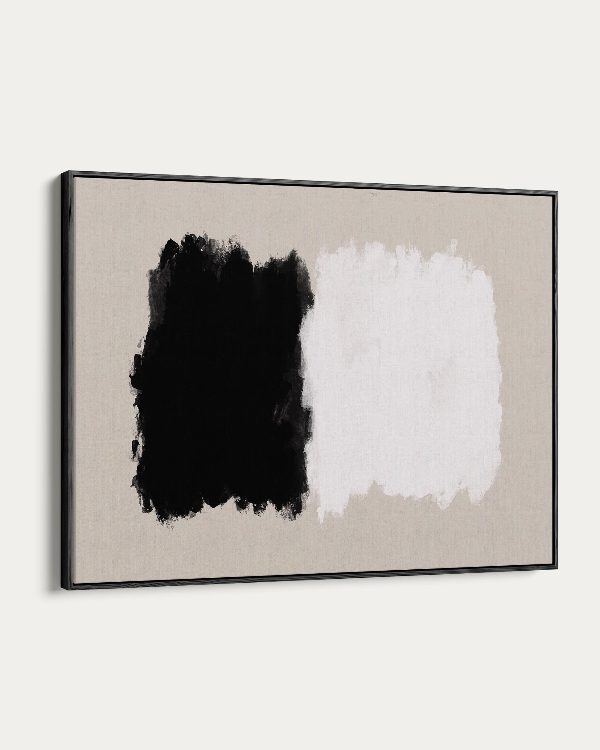 Abstract art print with black and white brush strokes on a beige background