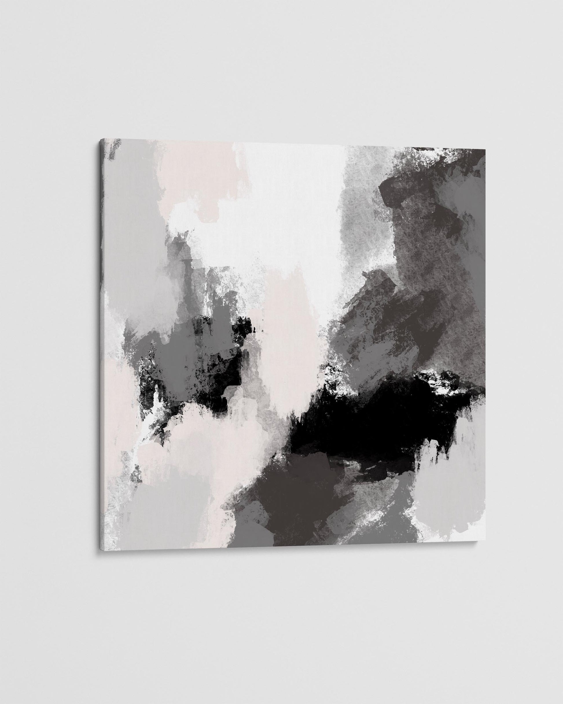 Abstract art print with black, white, and gray brush strokes on a light gray background