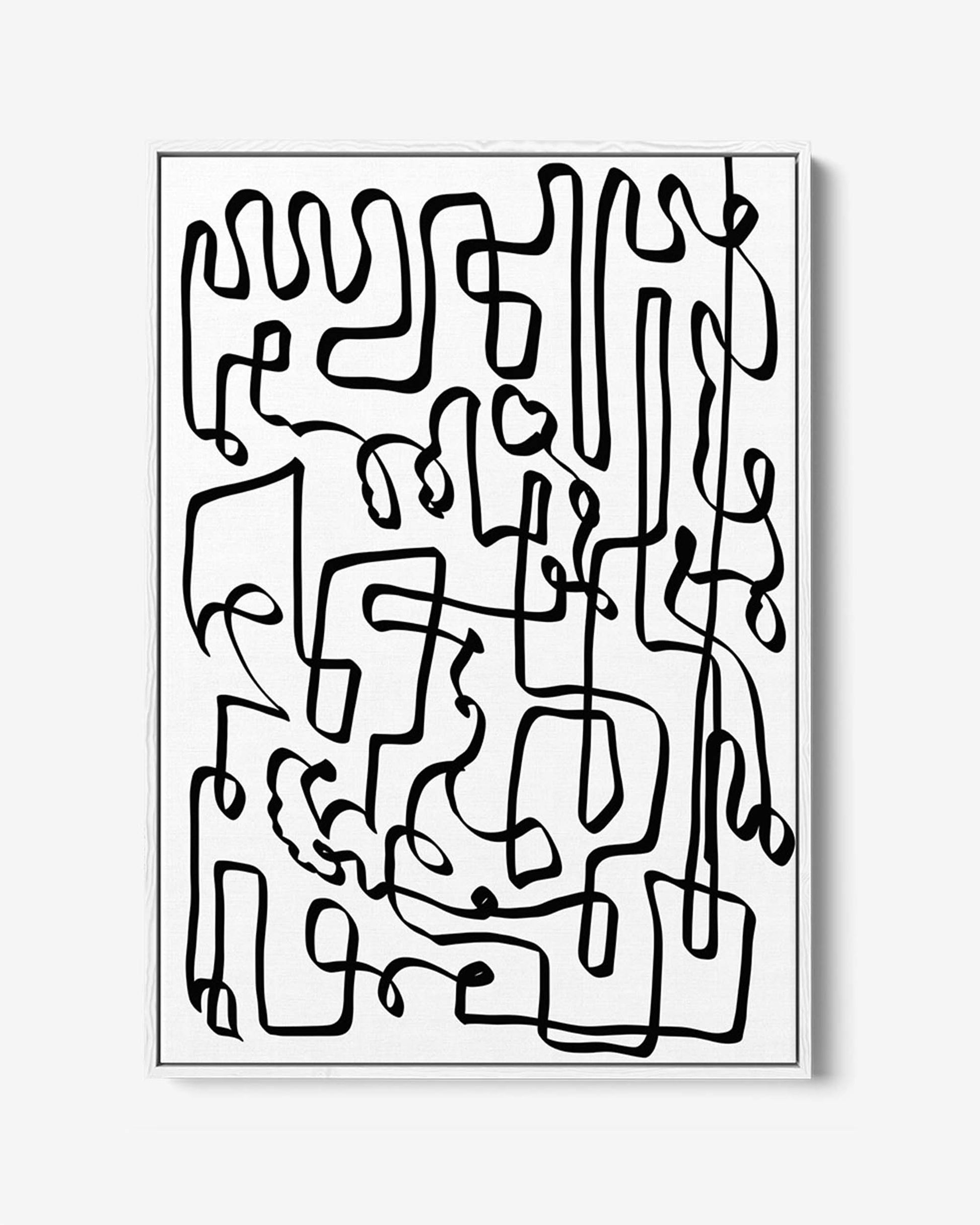 A framed canvas with a black and white abstract line art print.