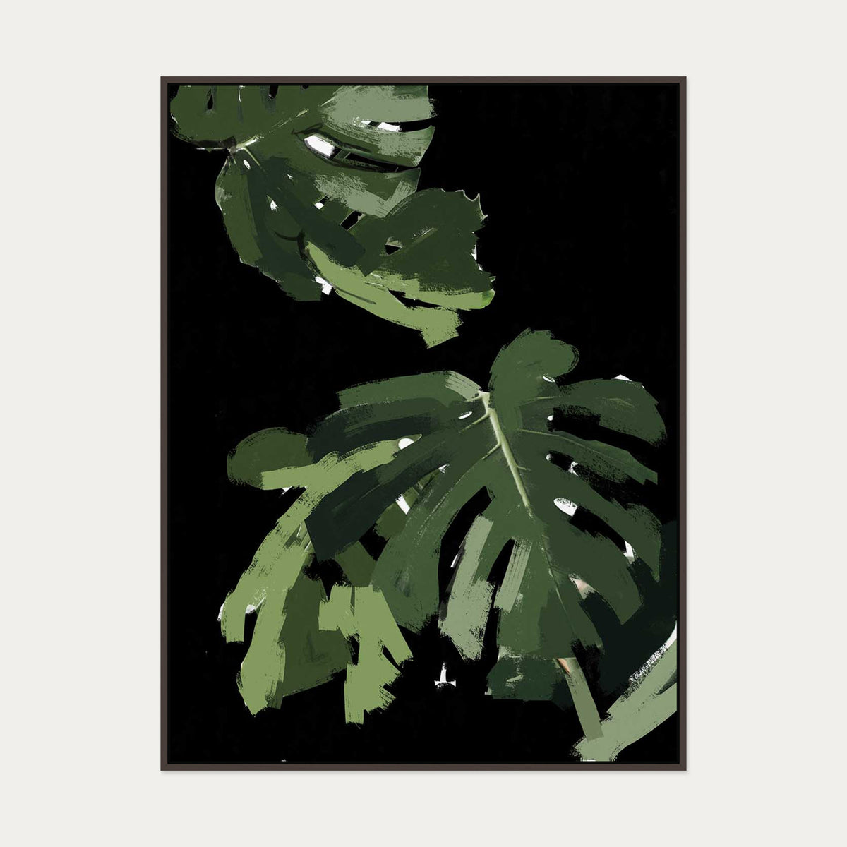 Monstera Noir Canvas Art — 90 x 120 cm — Brown Frame