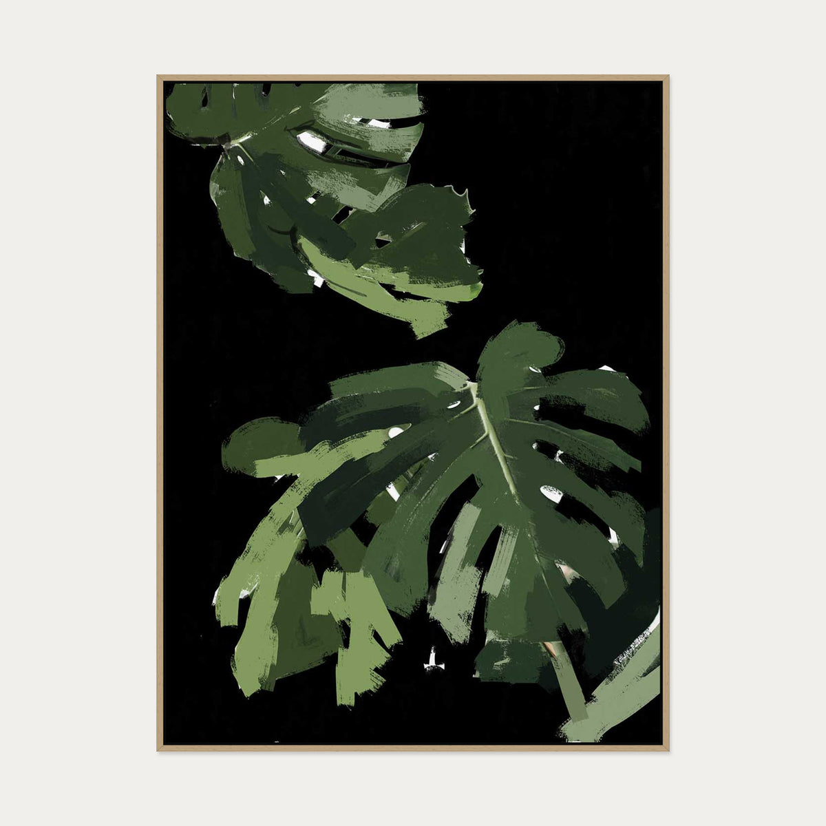 Monstera Noir Canvas Art — 90 x 120 cm — Oak Frame