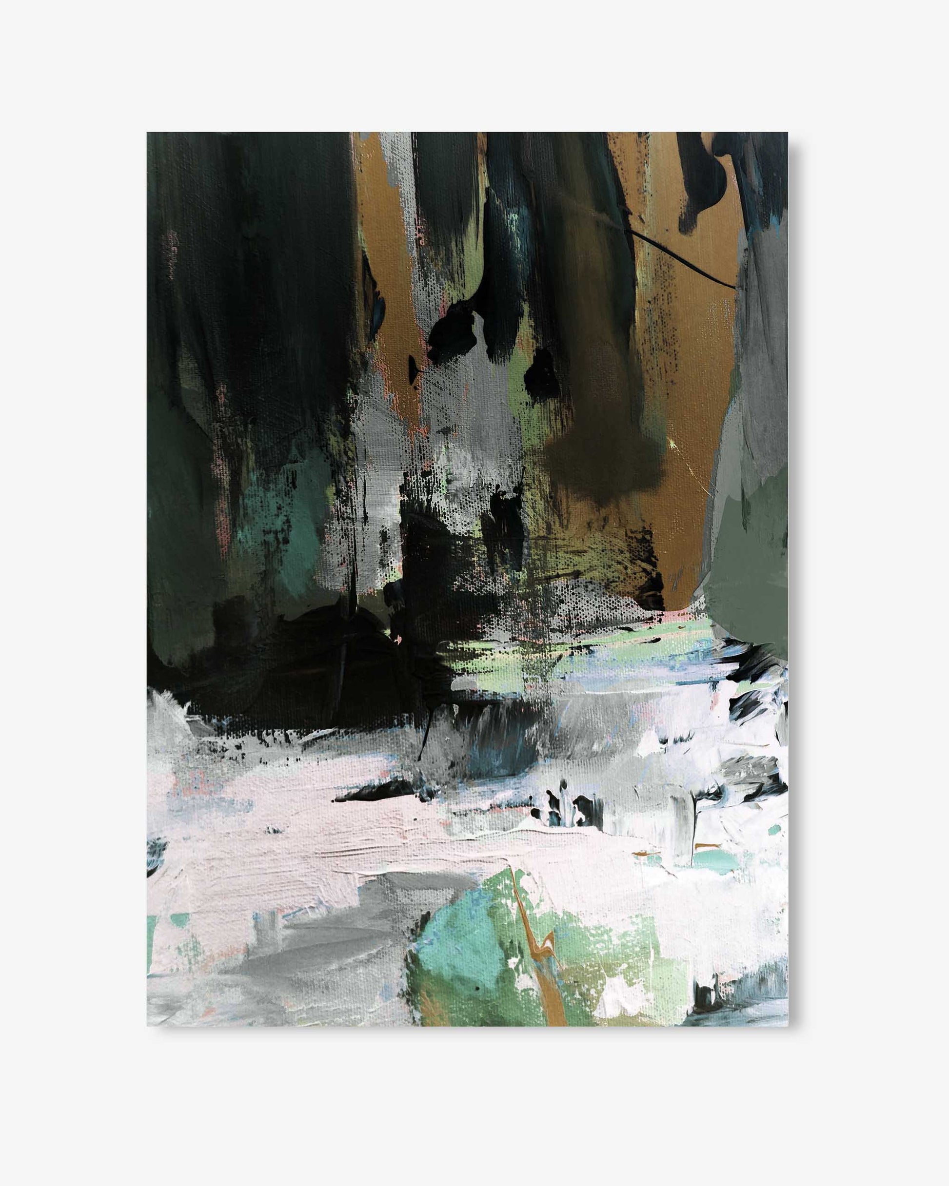 Abstract art print with black, gold, white, and green brush strokes on a white background