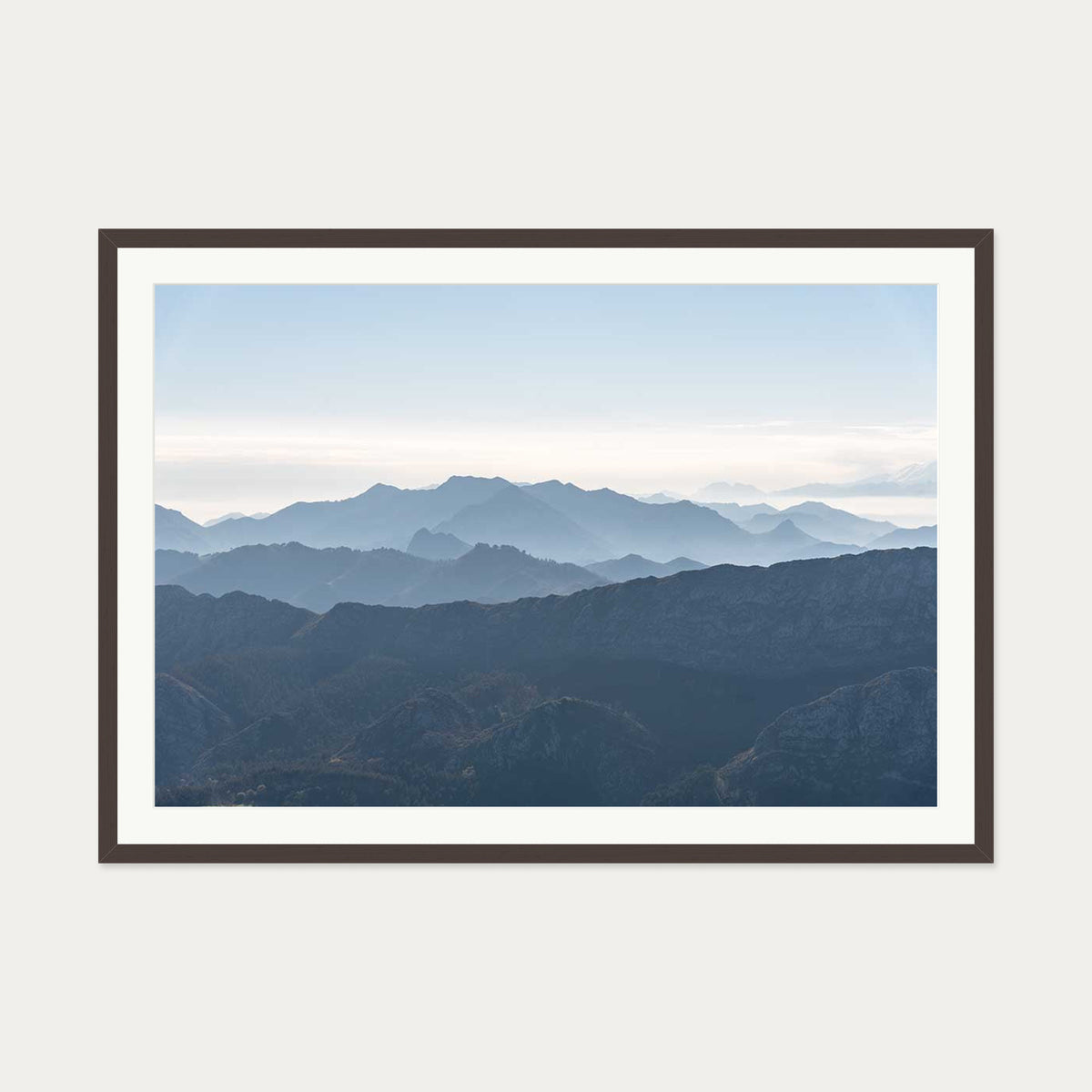 Mountain Range Blue Art Print — 70 x 100 cm — Brown Frame