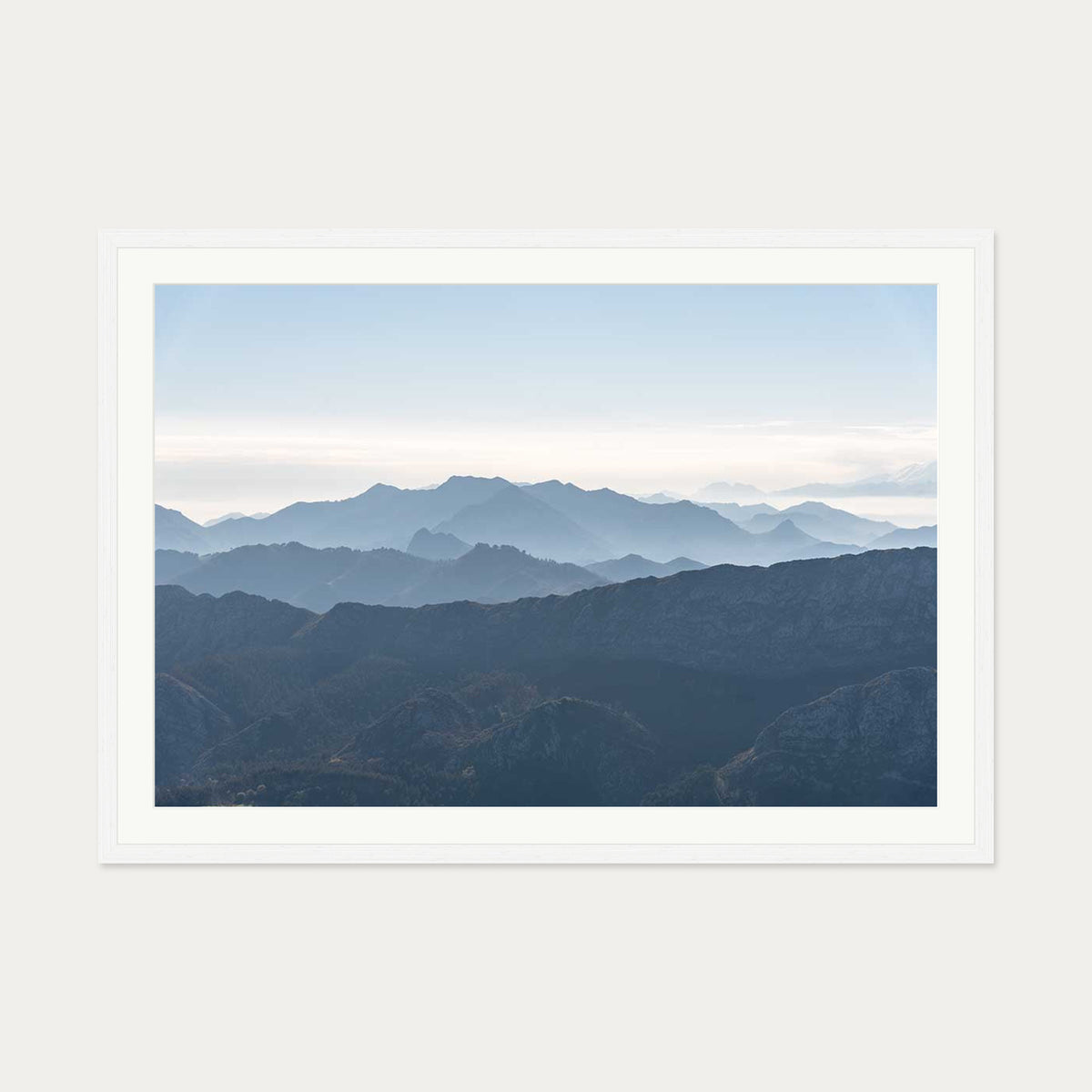 Mountain Range Blue Art Print — 70 x 100 cm — White Frame