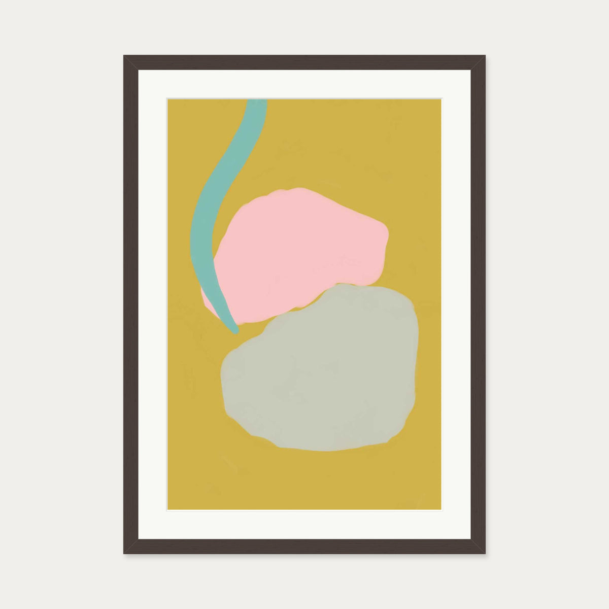 Mustard Abstract Shapes Art Print — 50 x 70 cm — Brown Frame