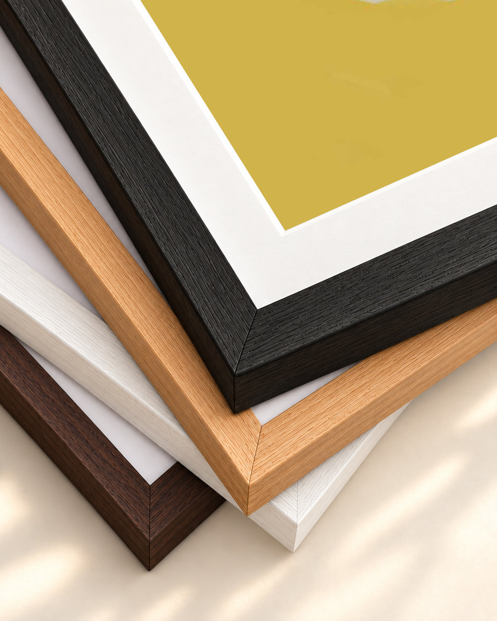 Mustard Abstract Shapes Art Print — framed print corner with 5 cm mount and bevel