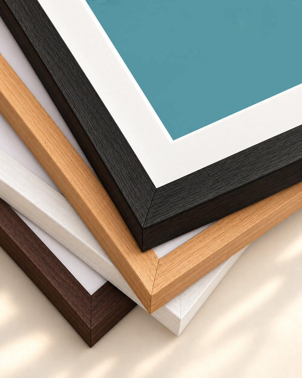 Mustard and Teal Two-Tone Art Print — framed print corner with 5 cm mount and bevel